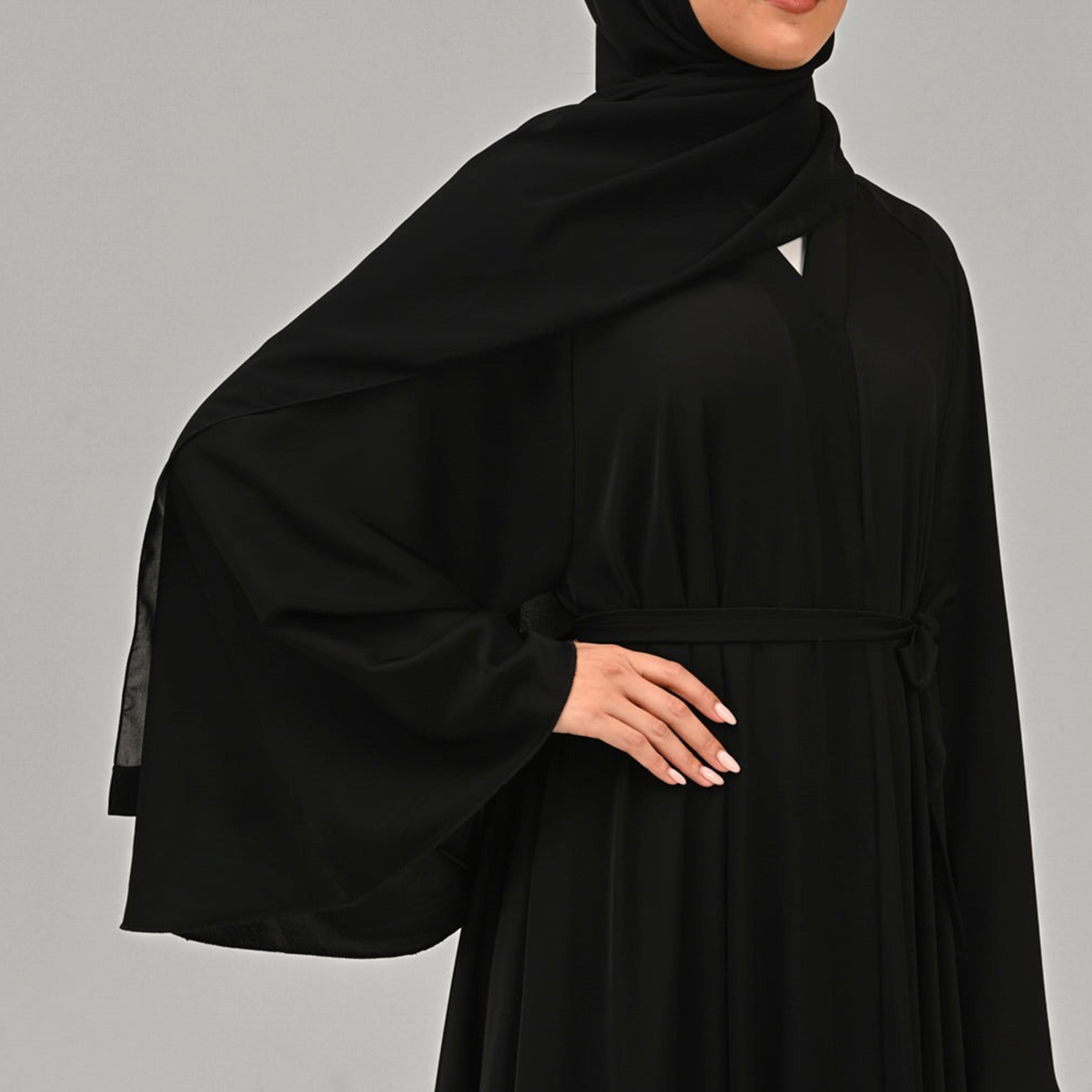 Nukhbaa Black Nida Flared Sleeves Tie-Up Belted Wrap Abaya with Hijab-women-arabicclothing-abayas-image-2