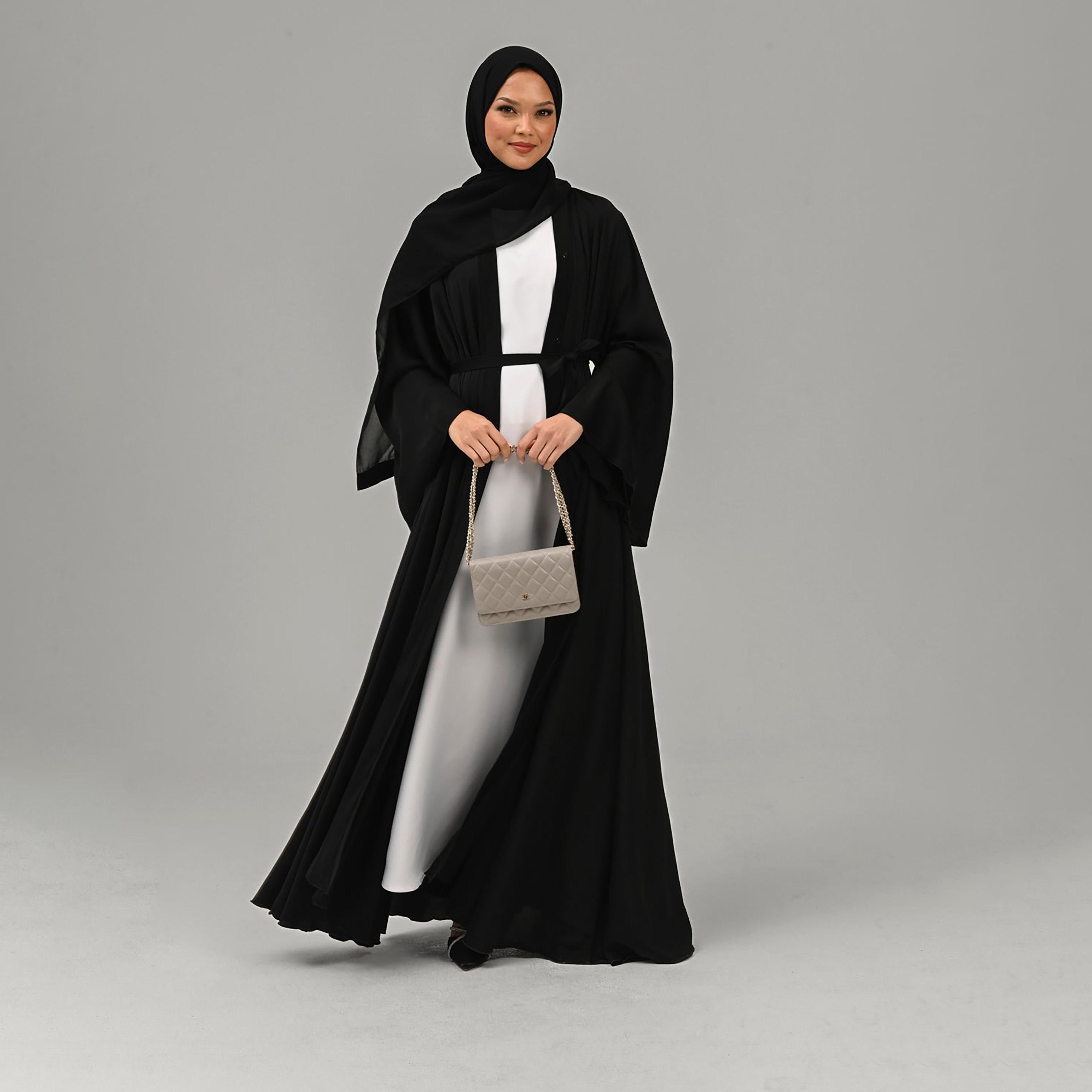 Nukhbaa Black Nida Flared Sleeves Tie-Up Belted Wrap Abaya with Hijab-women-arabicclothing-abayas-image-3