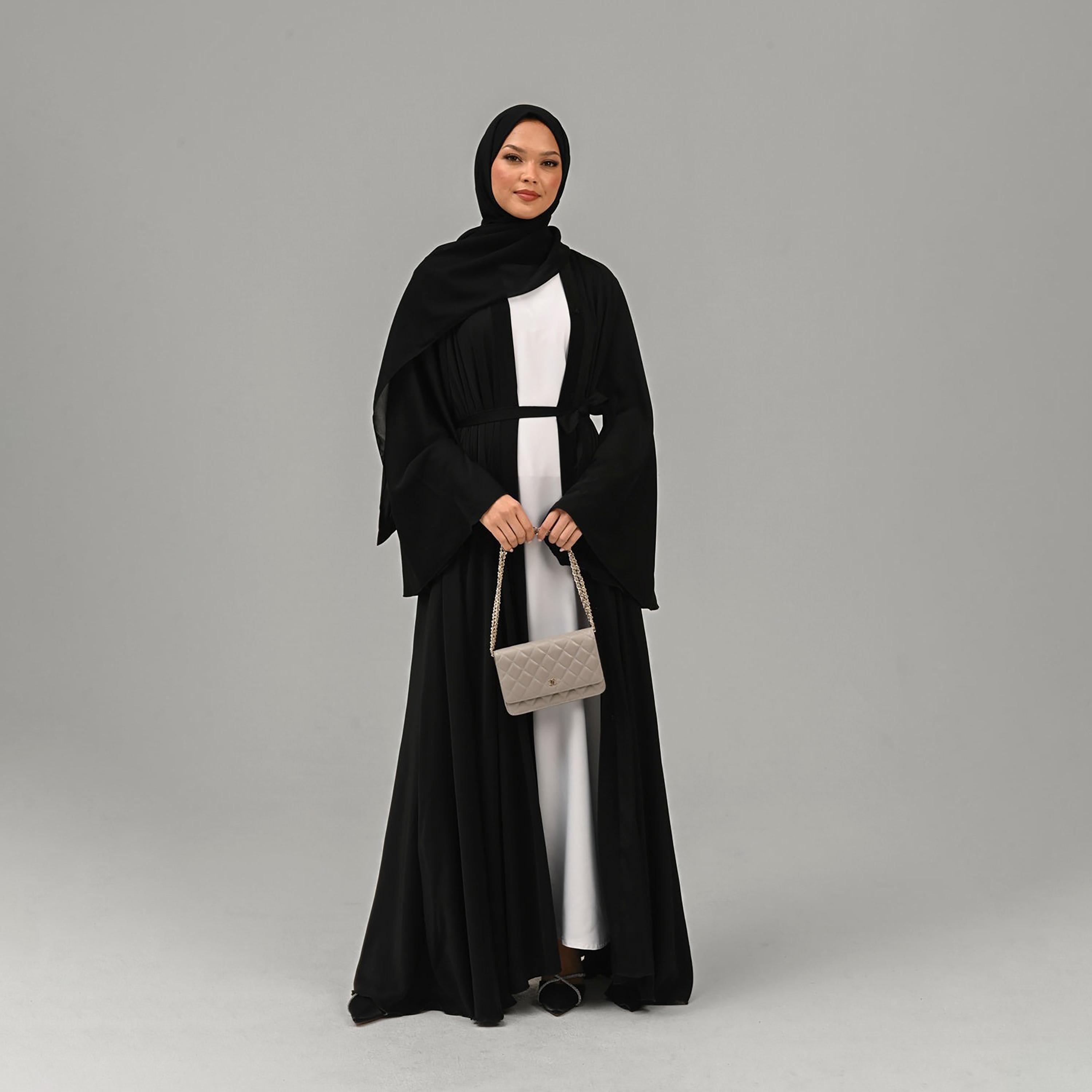 Nukhbaa Black Nida Flared Sleeves Tie-Up Belted Wrap Abaya with Hijab-women-arabicclothing-abayas-image-4