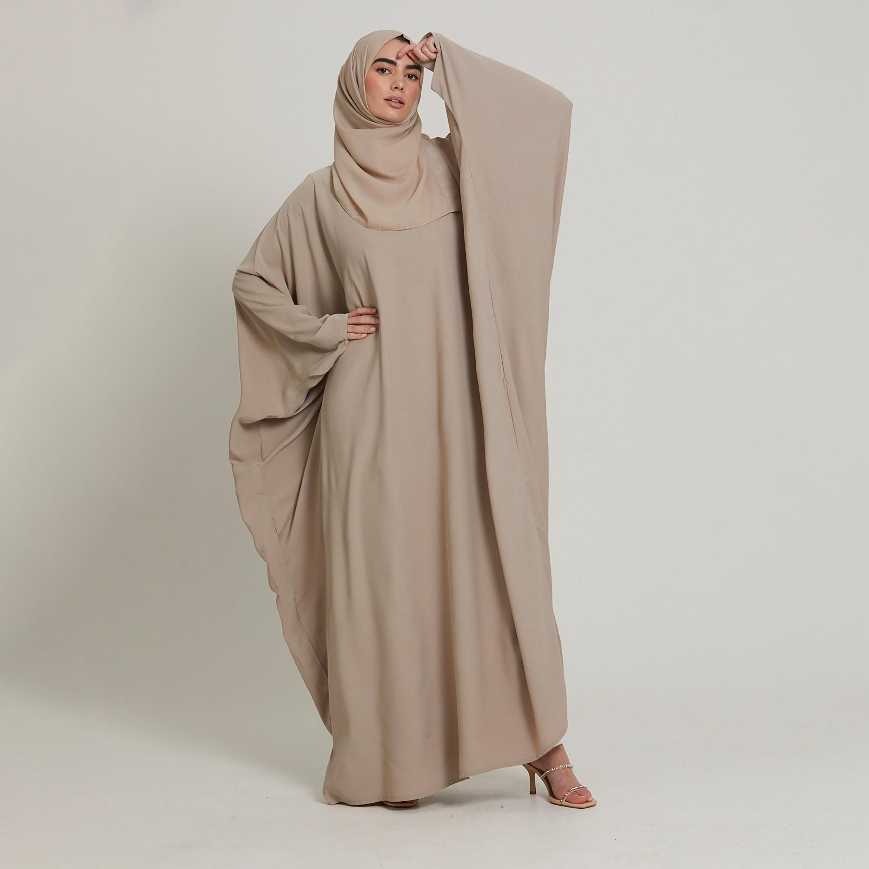 Nukhbaa Beige Nida Butterfly Abaya with Hijab-women-arabicclothing-abayas-image-1