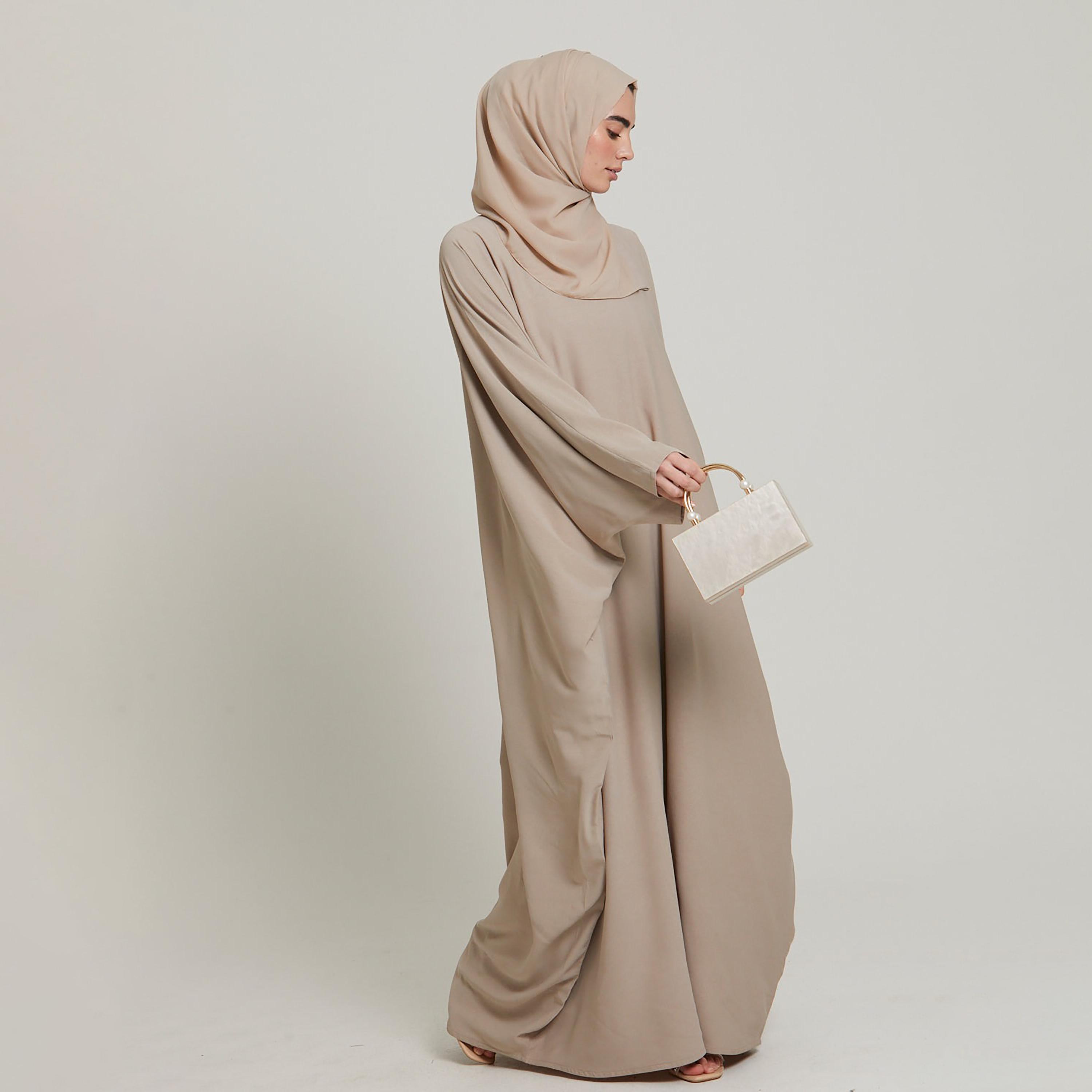 Nukhbaa Beige Nida Butterfly Abaya with Hijab-women-arabicclothing-abayas-image-3