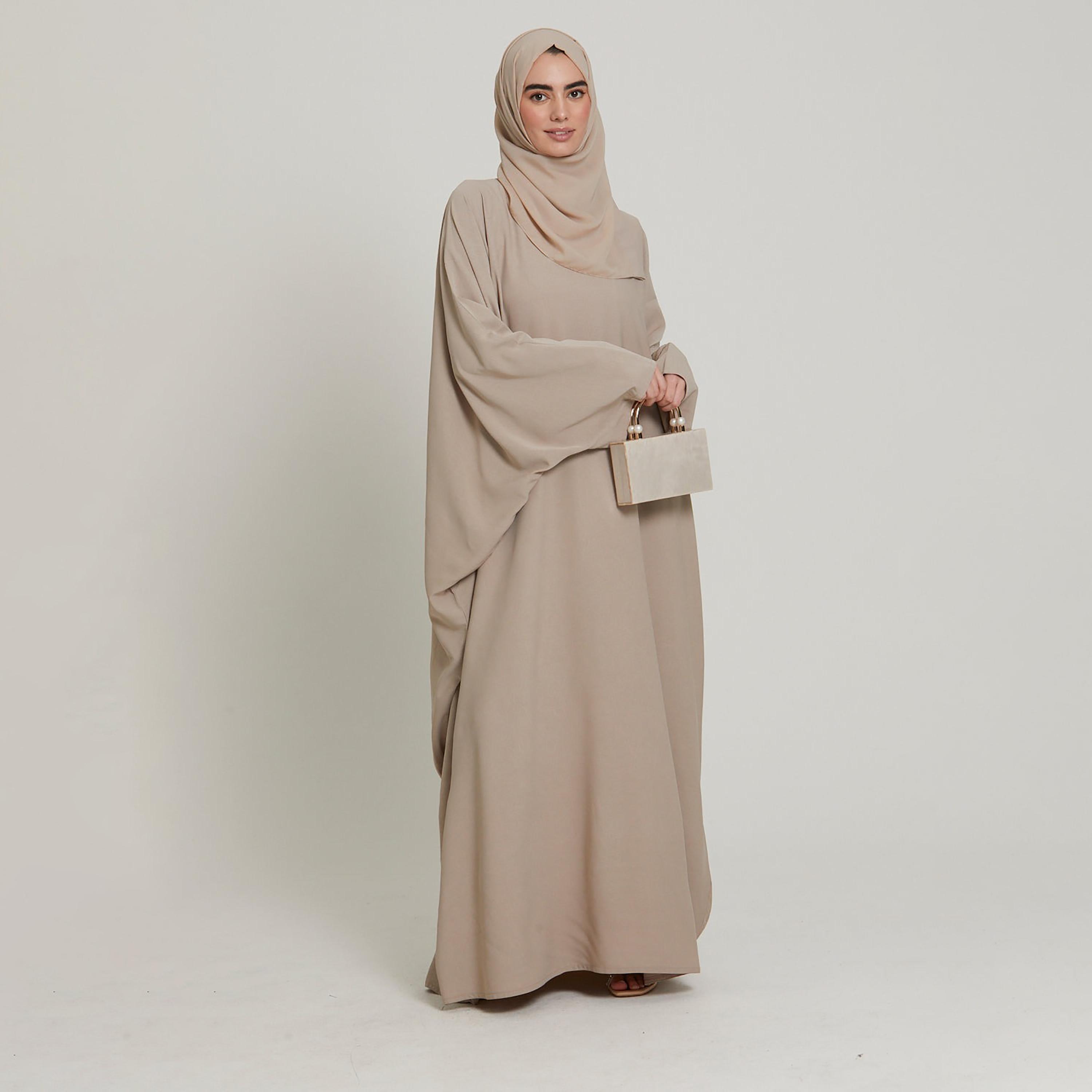 Nukhbaa Beige Nida Butterfly Abaya with Hijab-women-arabicclothing-abayas-image-4