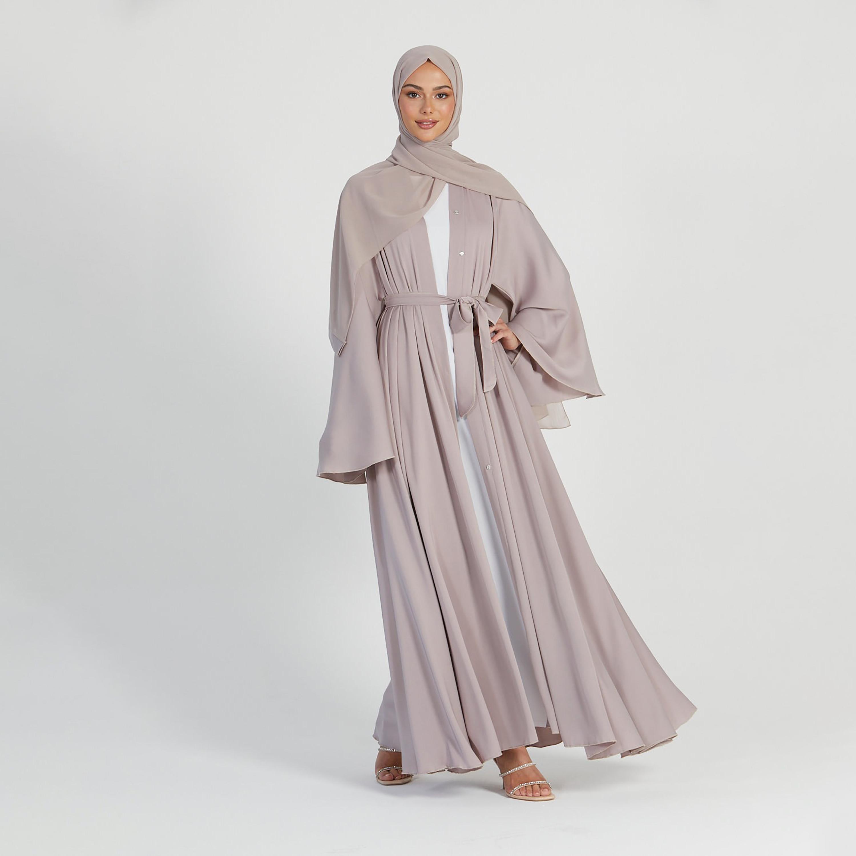 Nukhbaa Beige Nida Flared Sleeves Tie-Up Belted Abaya with Hijab-women-arabicclothing-abayas-image-1