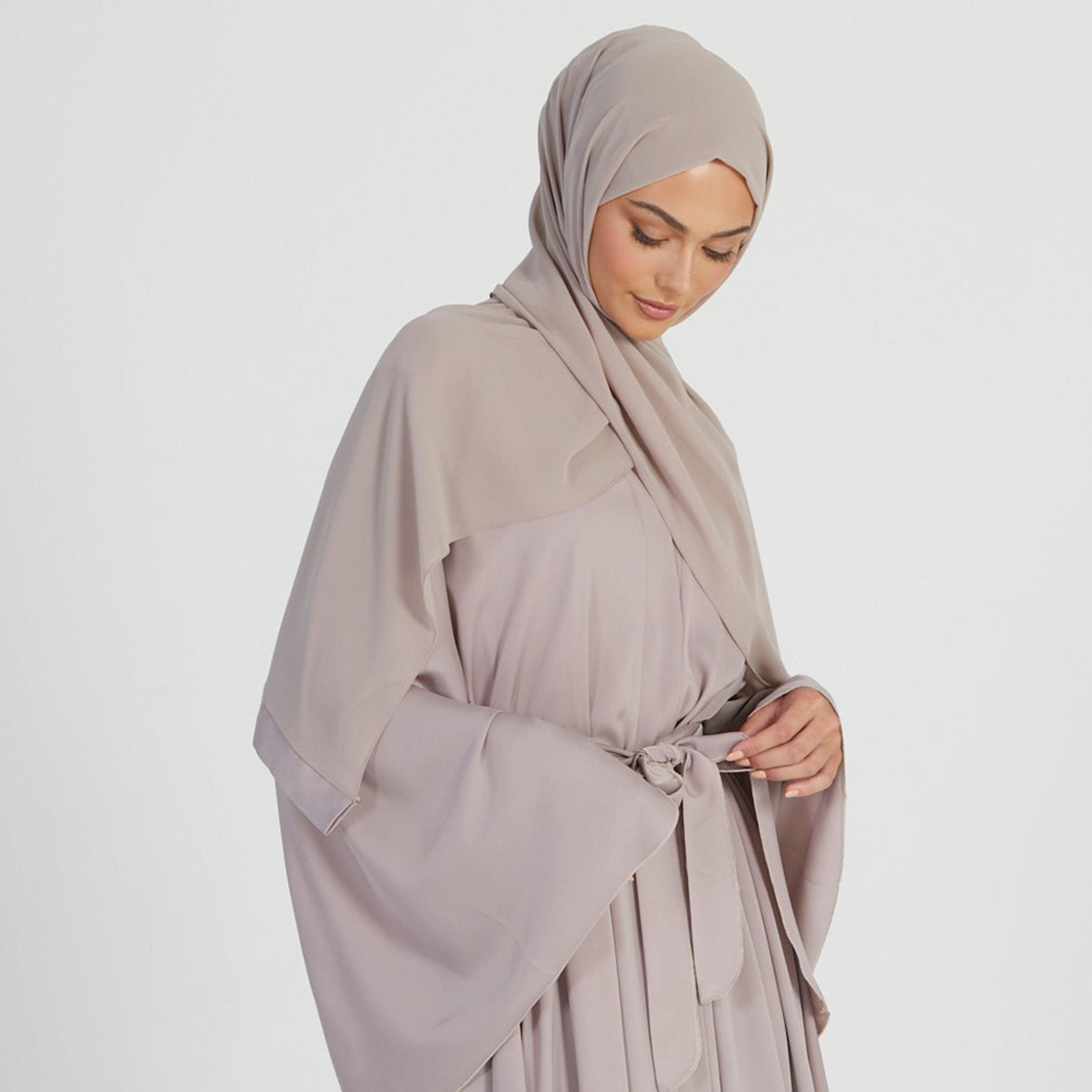 Nukhbaa Beige Nida Flared Sleeves Tie-Up Belted Abaya with Hijab-women-arabicclothing-abayas-image-2