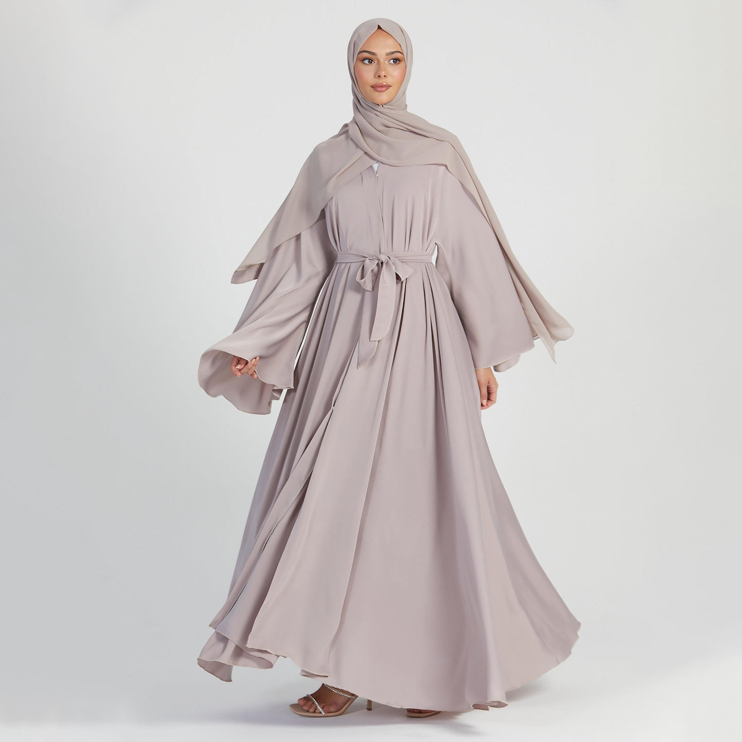 Nukhbaa Beige Nida Flared Sleeves Tie-Up Belted Abaya with Hijab-women-arabicclothing-abayas-image-3