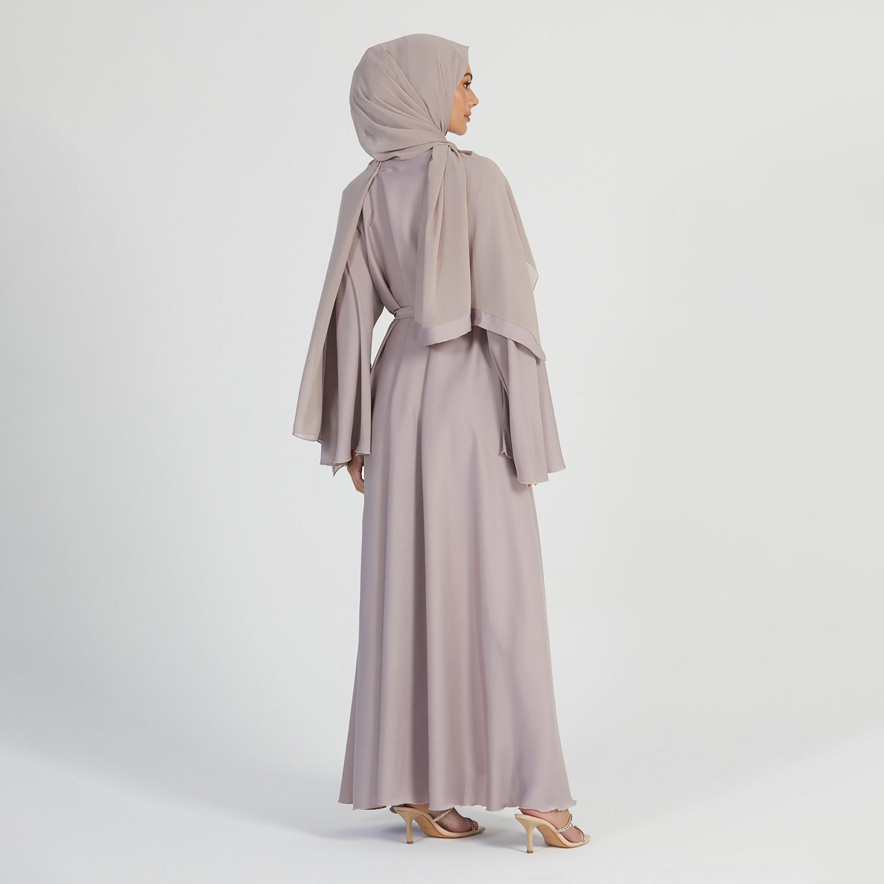 Nukhbaa Beige Nida Flared Sleeves Tie-Up Belted Abaya with Hijab-women-arabicclothing-abayas-image-4