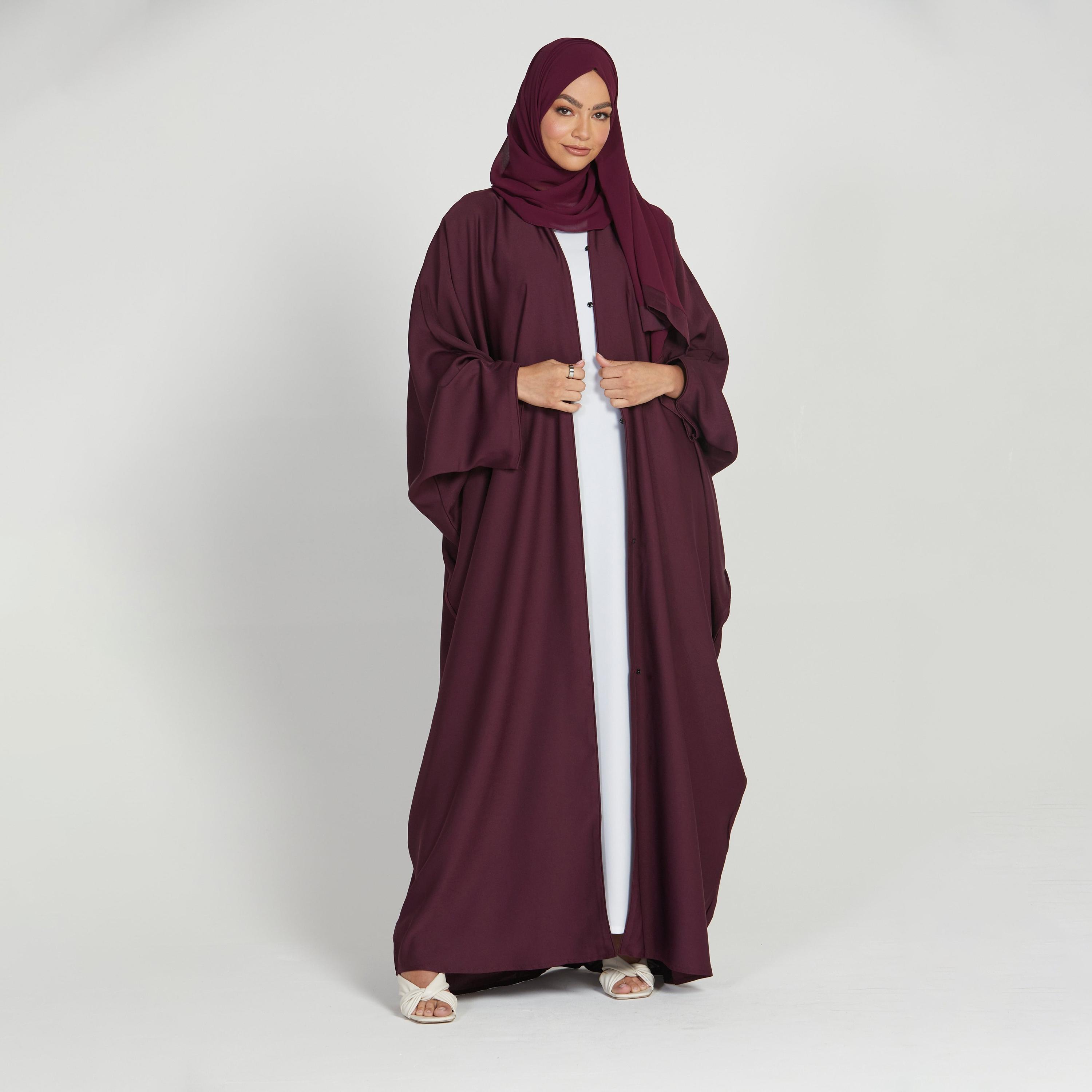 Nukhbaa Maroon Nida Butterfly Abaya with Hijab-women-arabicclothing-abayas-image-1