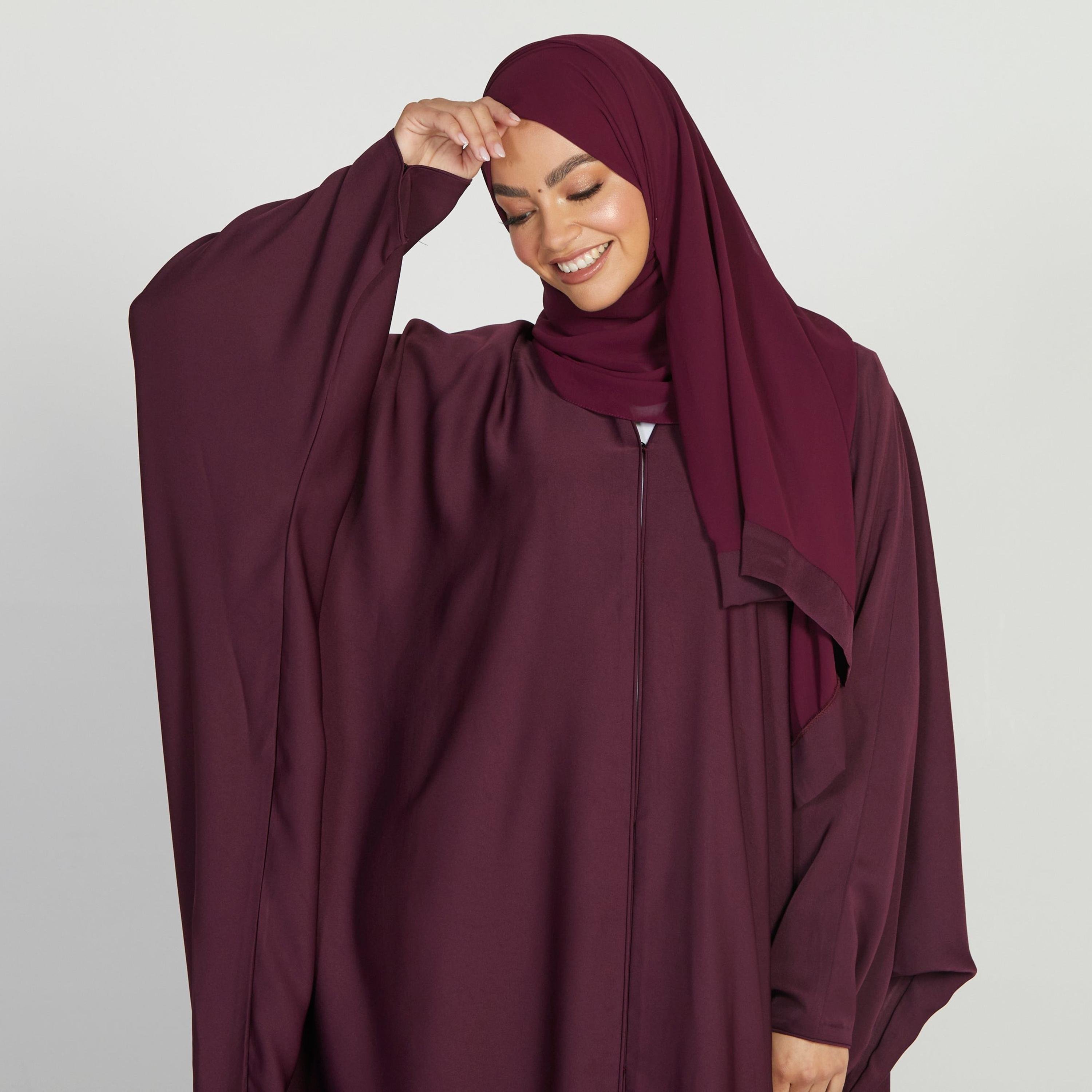 Nukhbaa Maroon Nida Butterfly Abaya with Hijab-women-arabicclothing-abayas-image-2