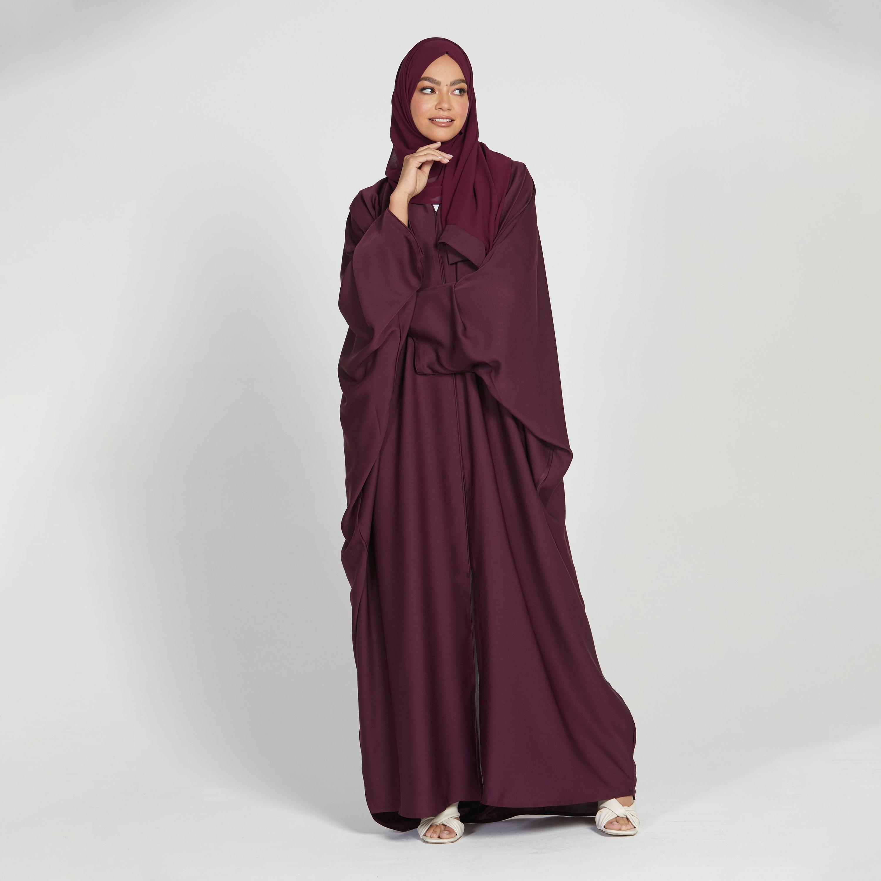 Nukhbaa Maroon Nida Butterfly Abaya with Hijab-women-arabicclothing-abayas-image-3