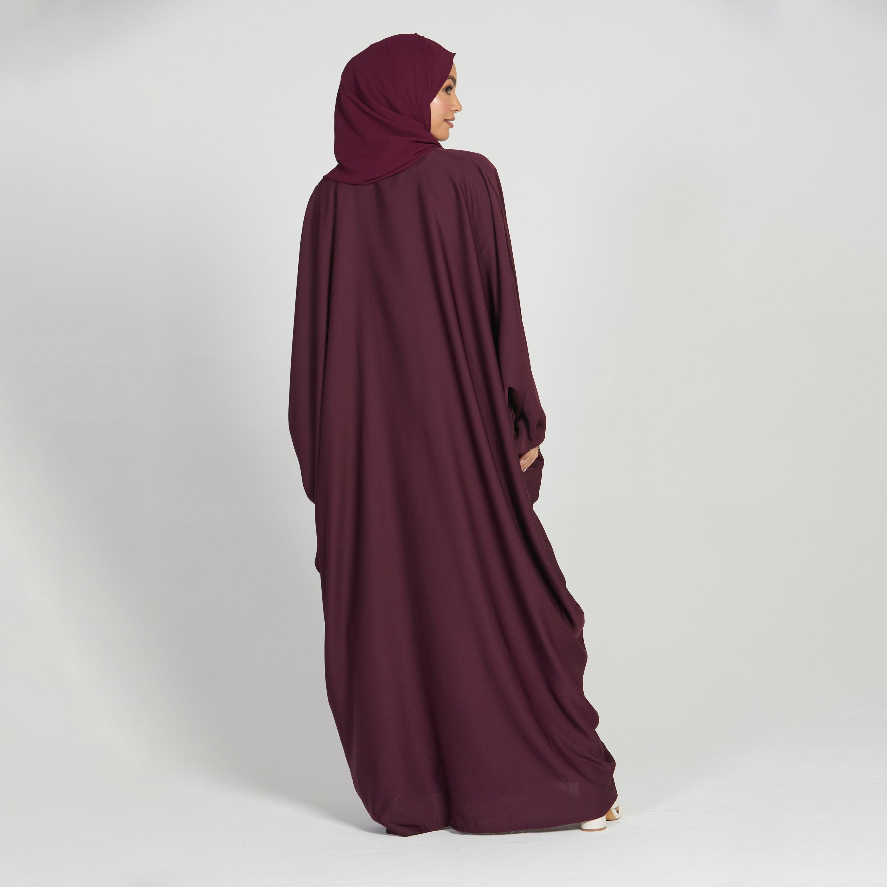 Nukhbaa Maroon Nida Butterfly Abaya with Hijab-women-arabicclothing-abayas-image-4