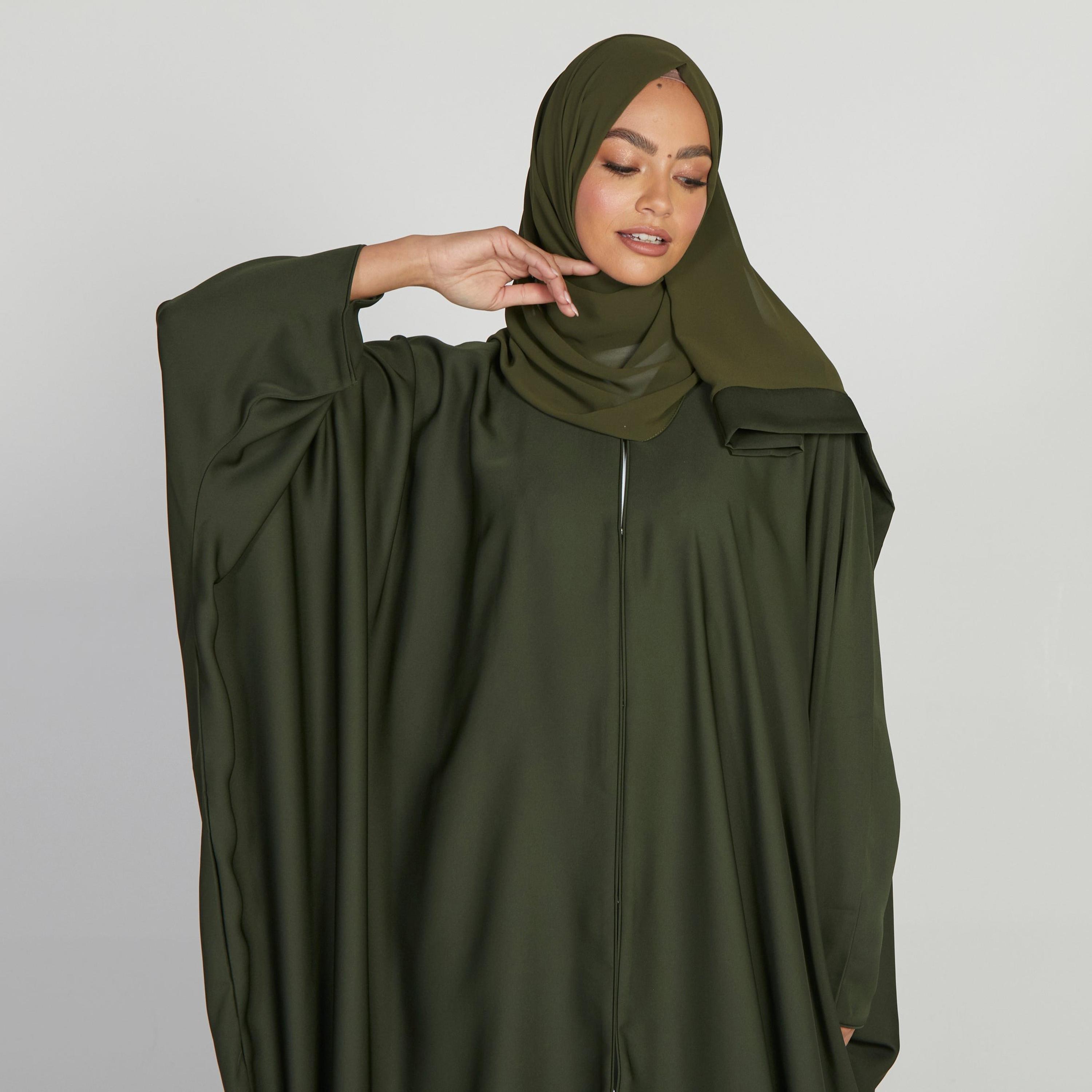 Nukhbaa Green Nida Butterfly Abaya with Hijab-women-arabicclothing-abayas-image-2