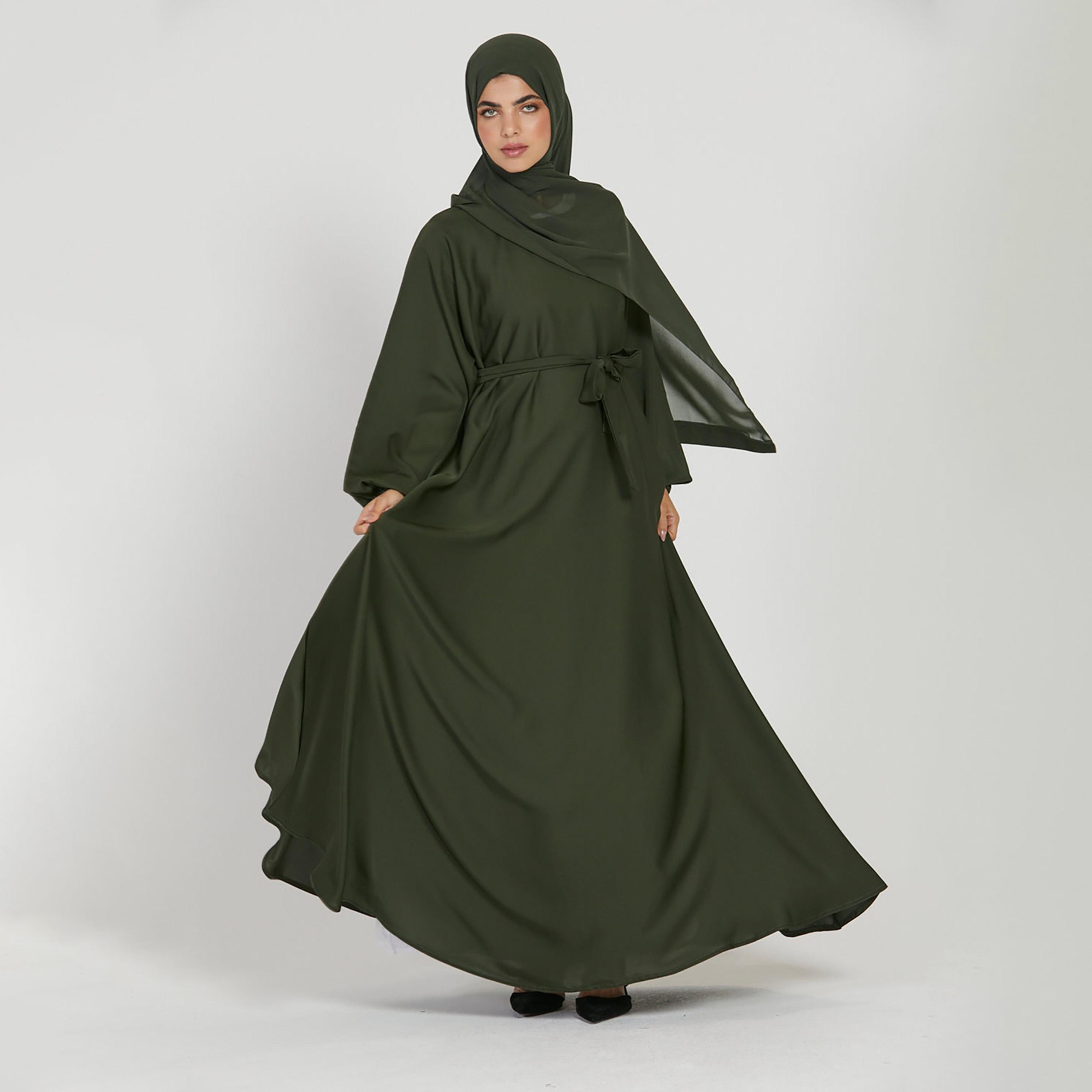 Nukhbaa Green Nida Tie-Up Belted Abaya with Hijab-women-arabicclothing-abayas-image-1