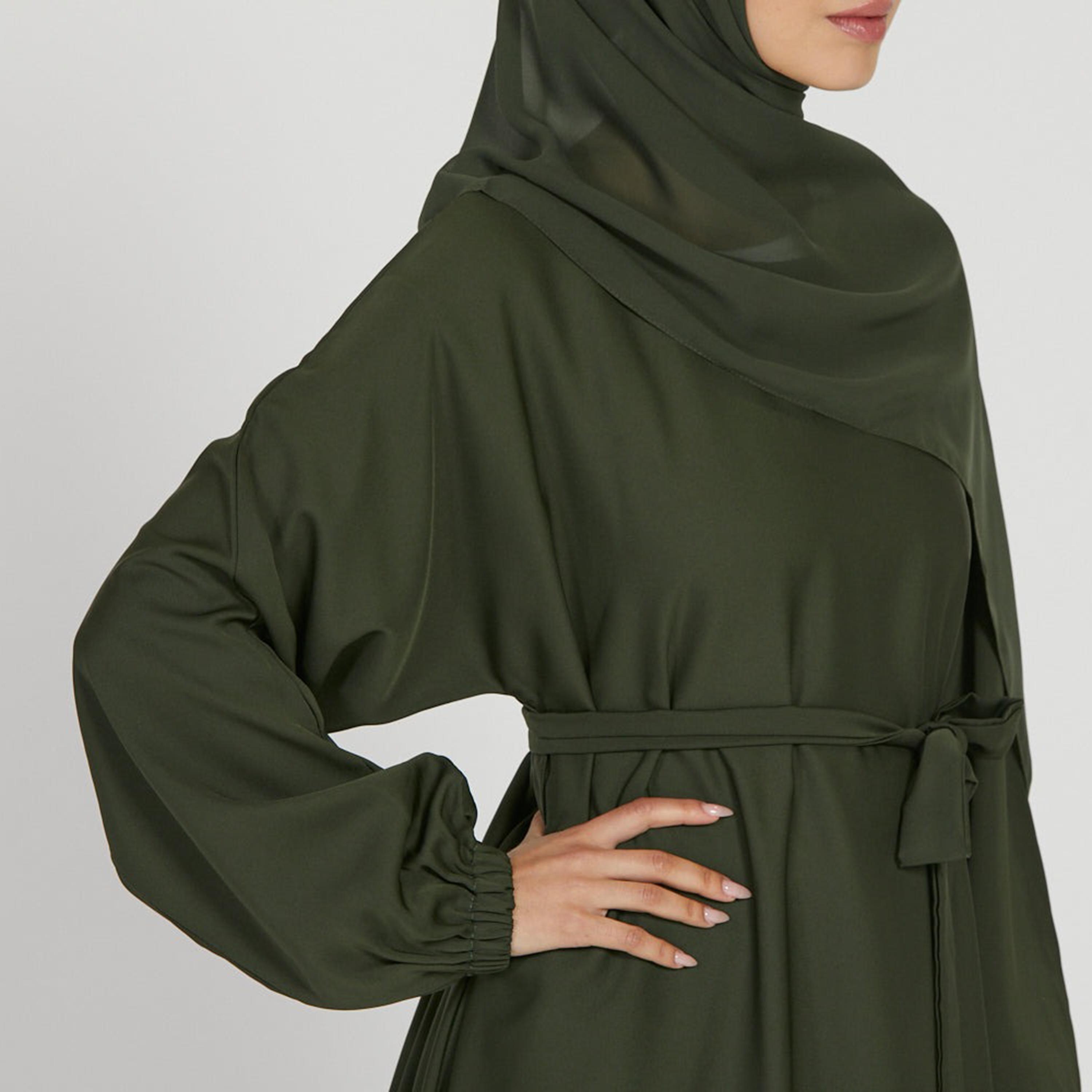 Nukhbaa Green Nida Tie-Up Belted Abaya with Hijab-women-arabicclothing-abayas-image-2