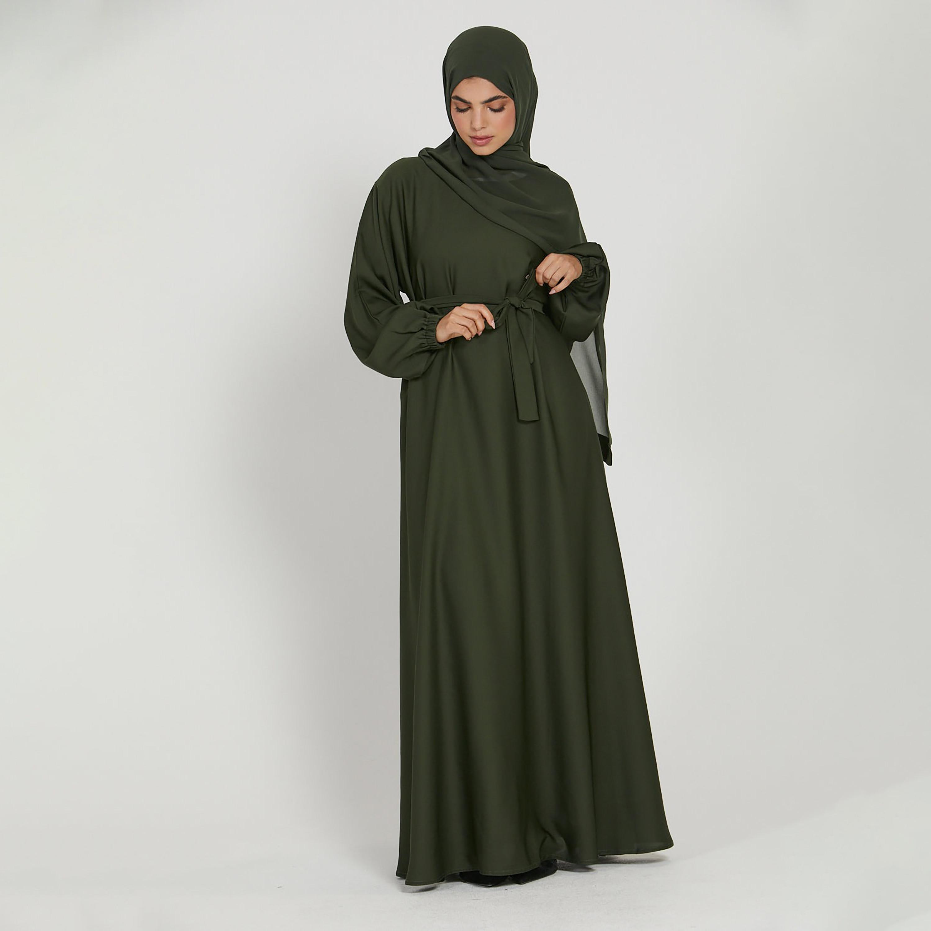 Nukhbaa Green Nida Tie-Up Belted Abaya with Hijab-women-arabicclothing-abayas-image-3