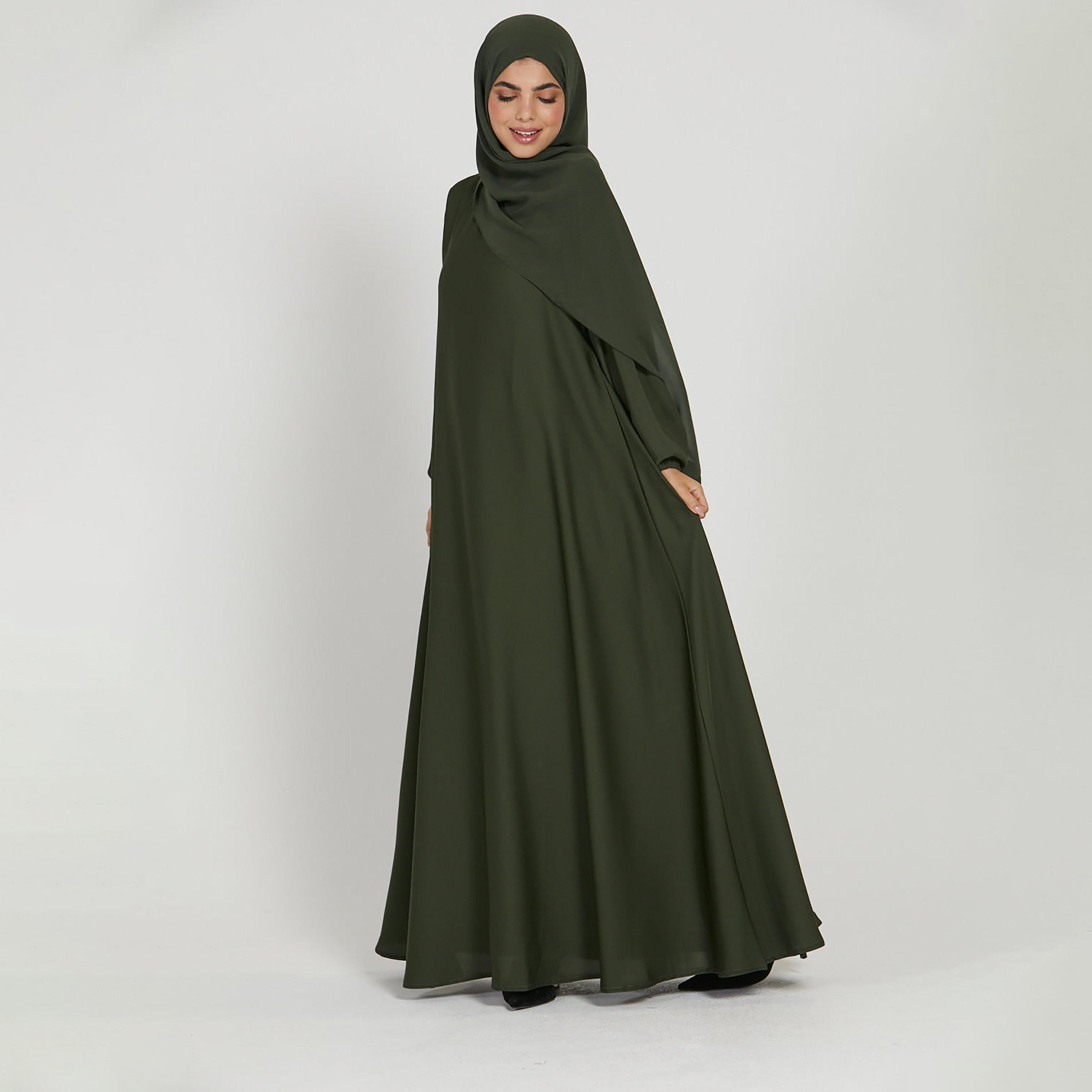 Nukhbaa Green Nida Tie-Up Belted Abaya with Hijab-women-arabicclothing-abayas-image-4