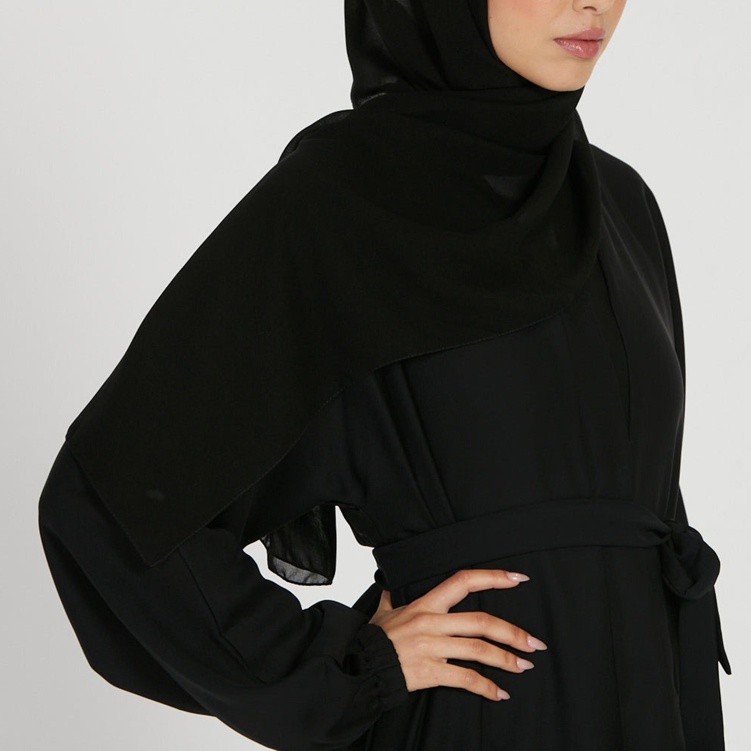 Nukhbaa Black Nida Tie-Up Belted Abaya with Hijab-women-arabicclothing-abayas-image-2