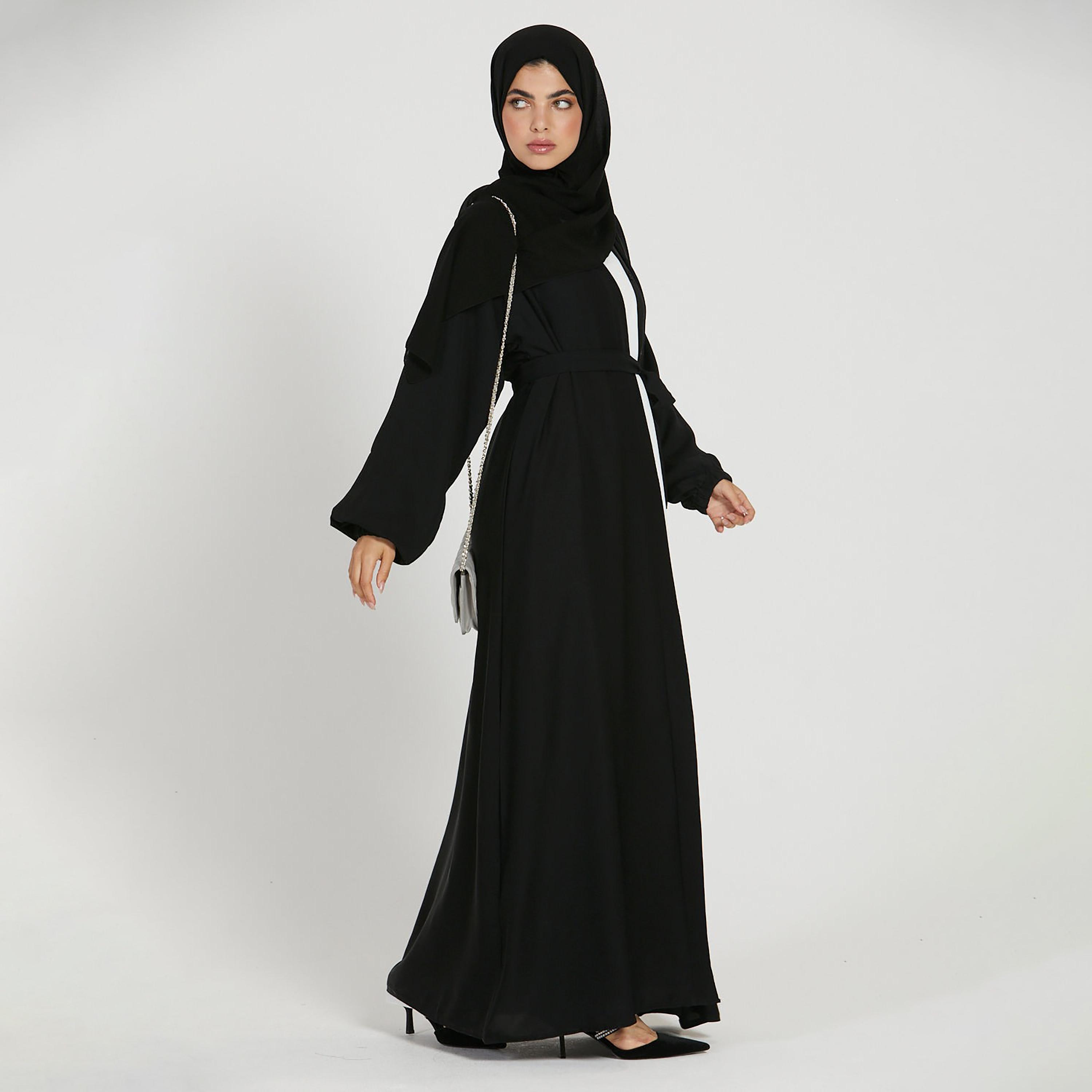 Nukhbaa Black Nida Tie-Up Belted Abaya with Hijab-women-arabicclothing-abayas-image-3