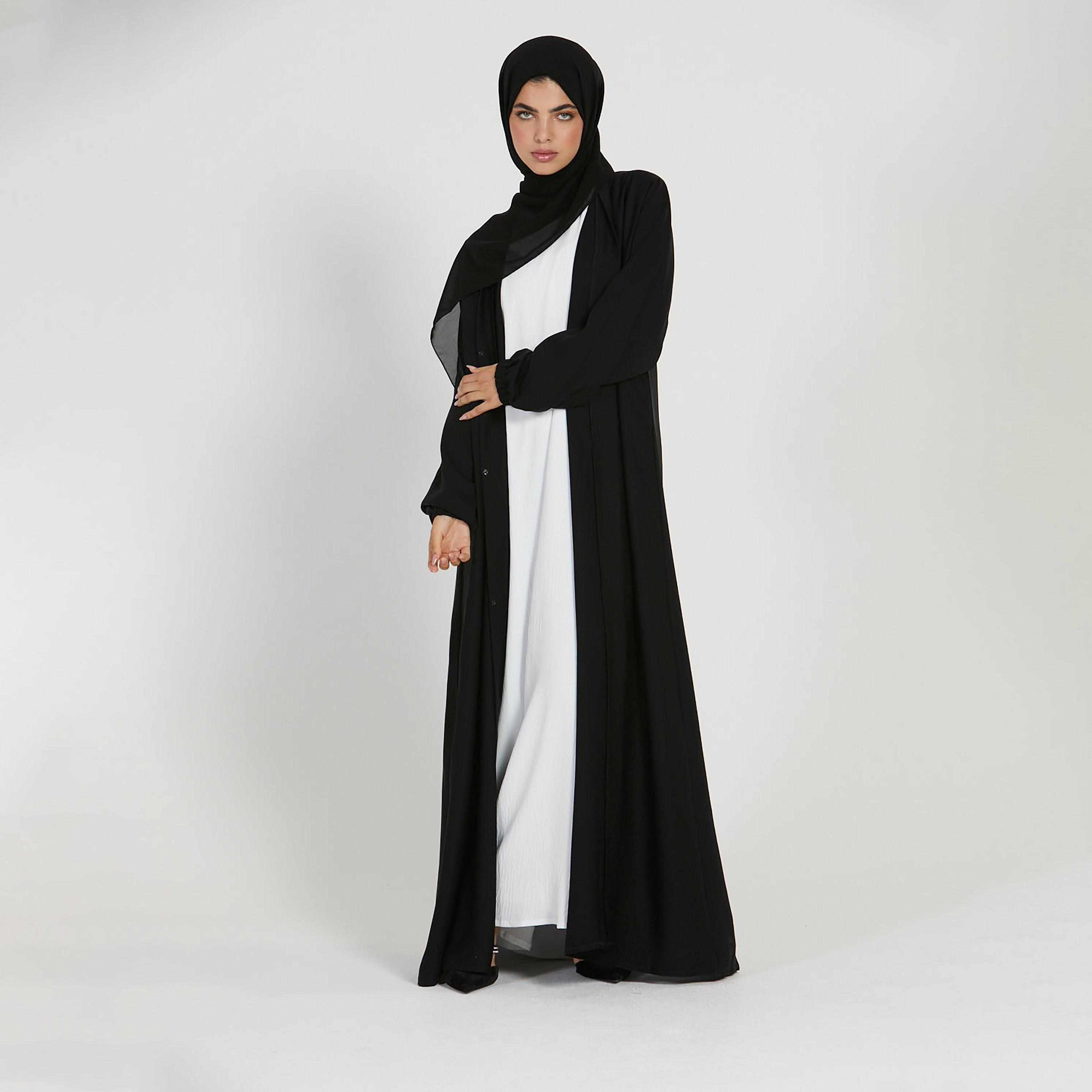 Nukhbaa Black Nida Tie-Up Belted Abaya with Hijab-women-arabicclothing-abayas-image-4