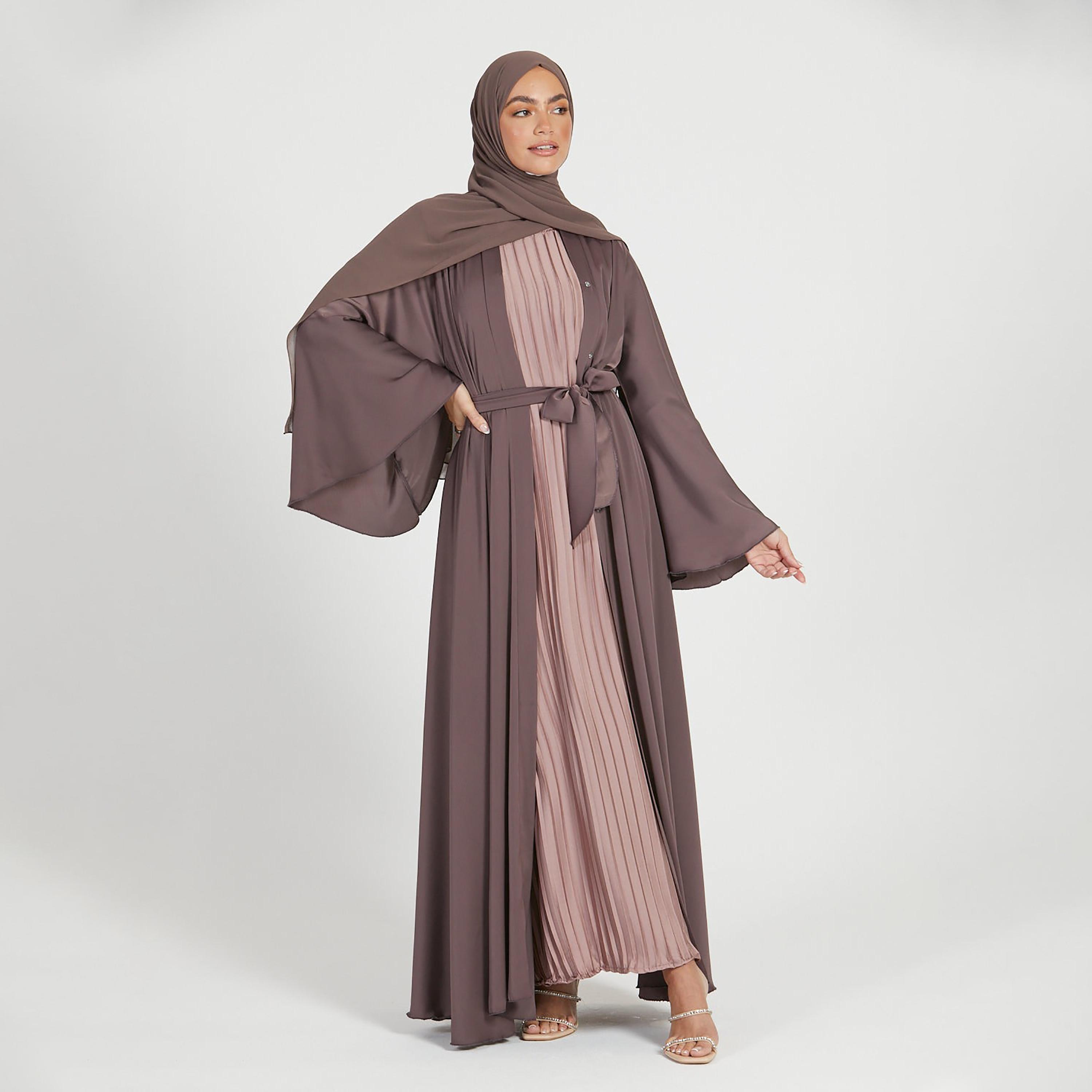 Nukhbaa Brown Nida Tie-Up Belted Abaya with Hijab-women-arabicclothing-abayas-image-1