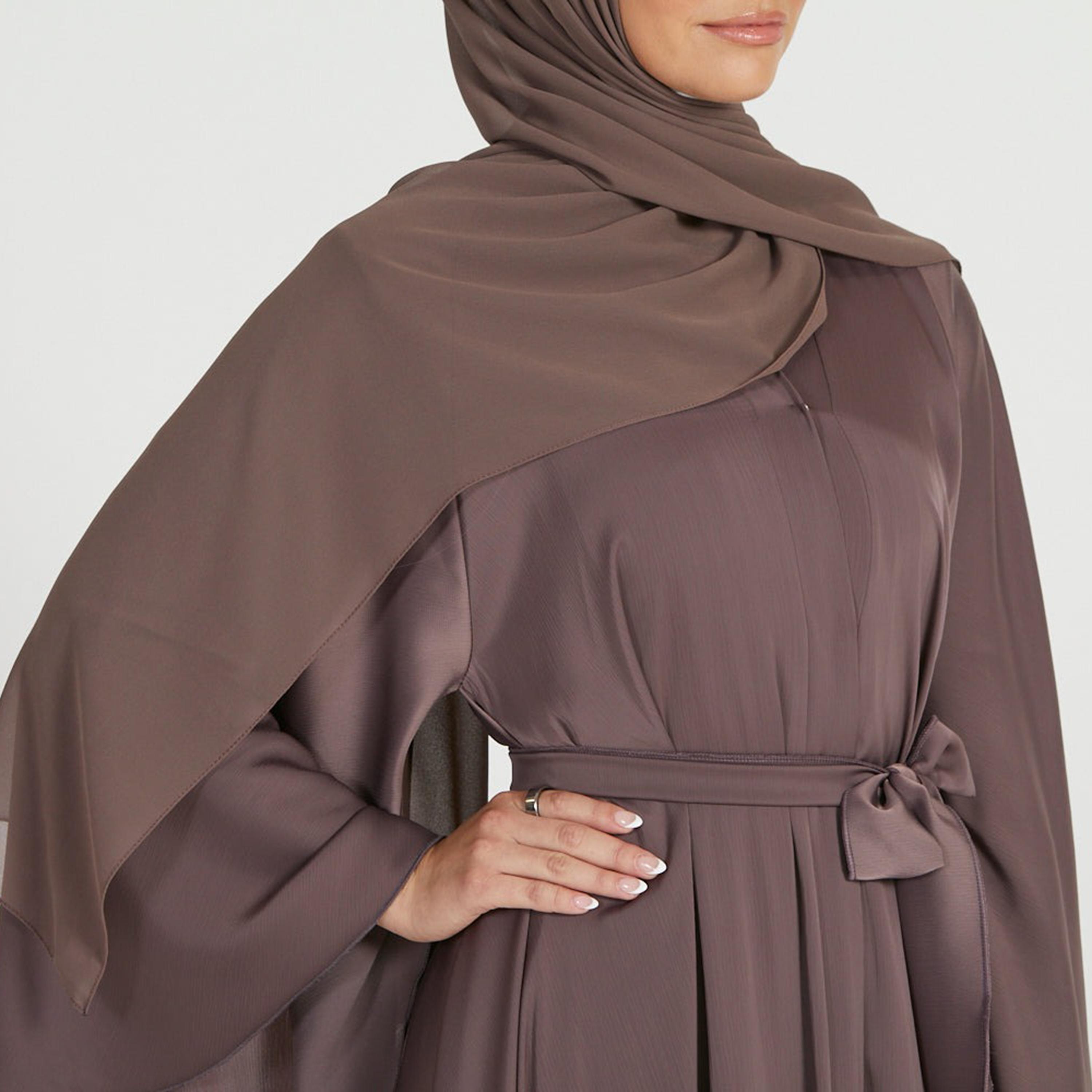 Nukhbaa Brown Nida Tie-Up Belted Abaya with Hijab-women-arabicclothing-abayas-image-2