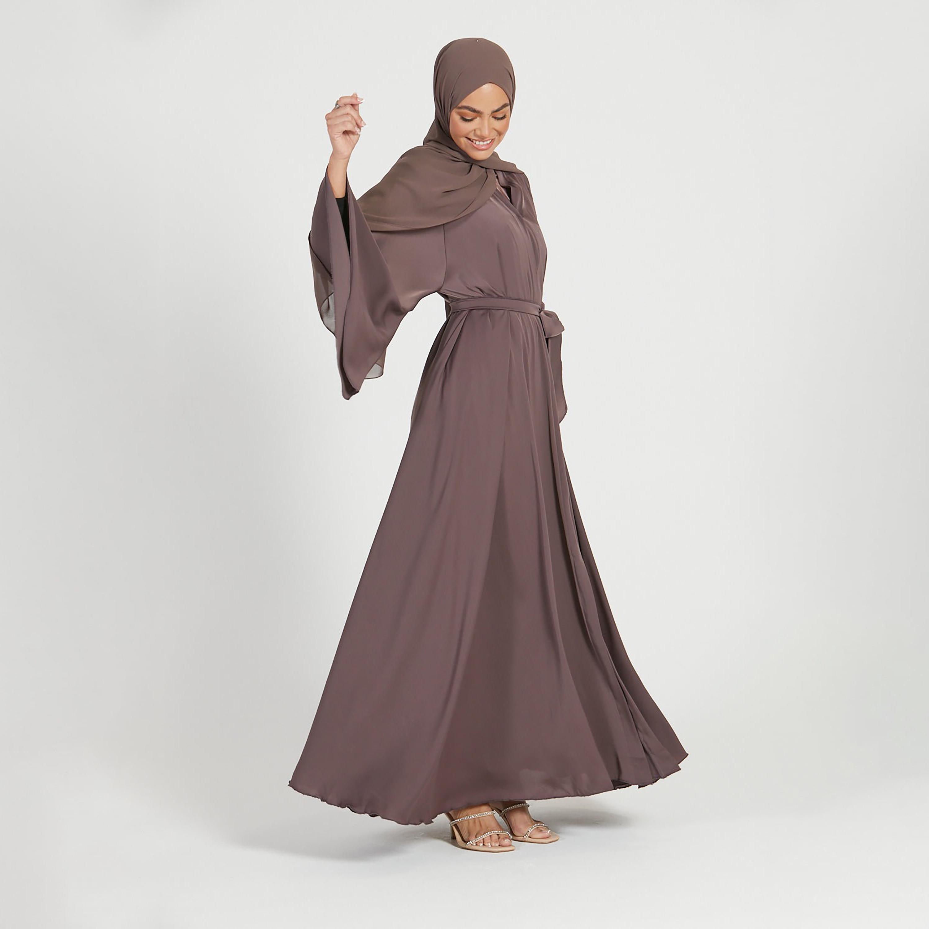 Nukhbaa Brown Nida Tie-Up Belted Abaya with Hijab-women-arabicclothing-abayas-image-3