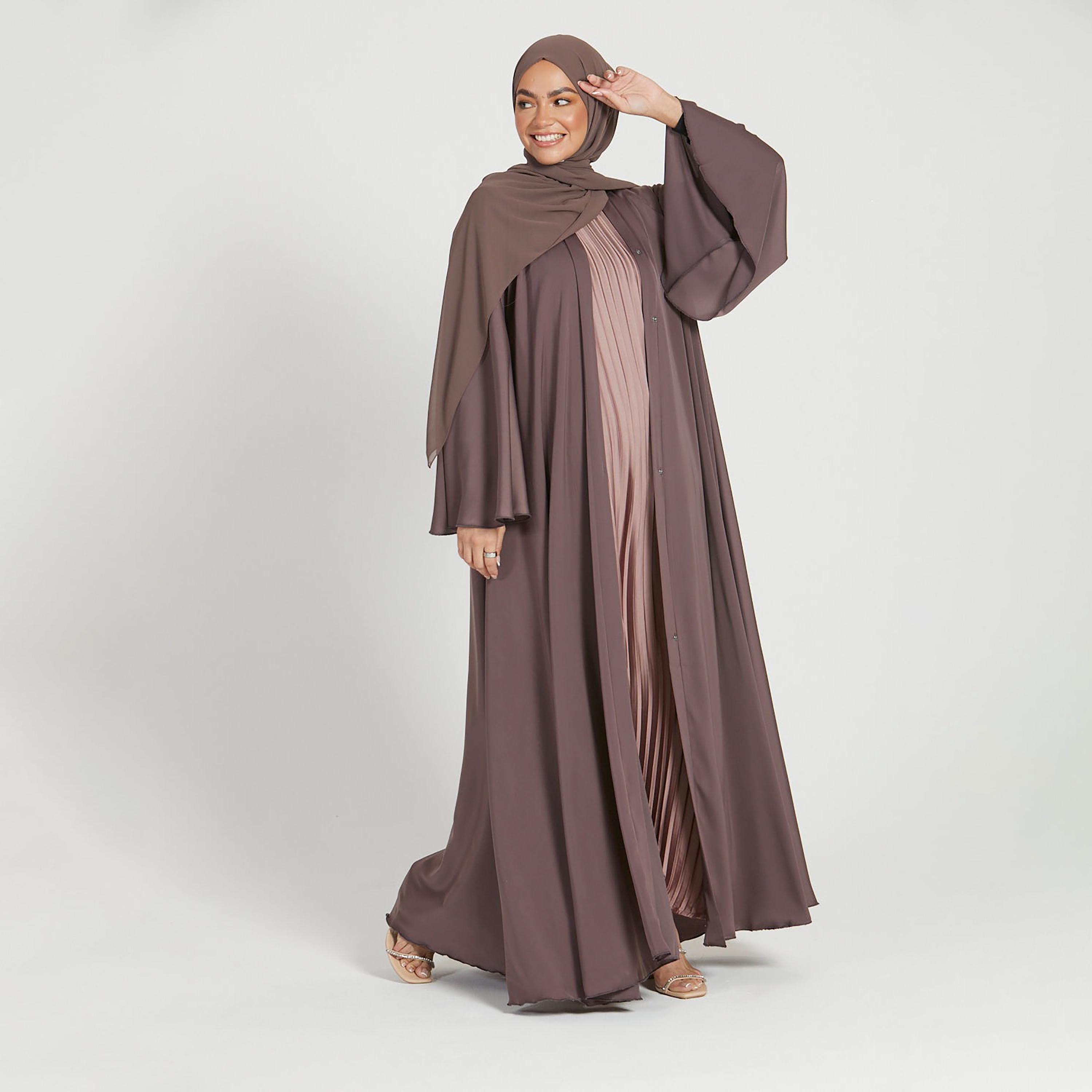 Nukhbaa Brown Nida Tie-Up Belted Abaya with Hijab-women-arabicclothing-abayas-image-4