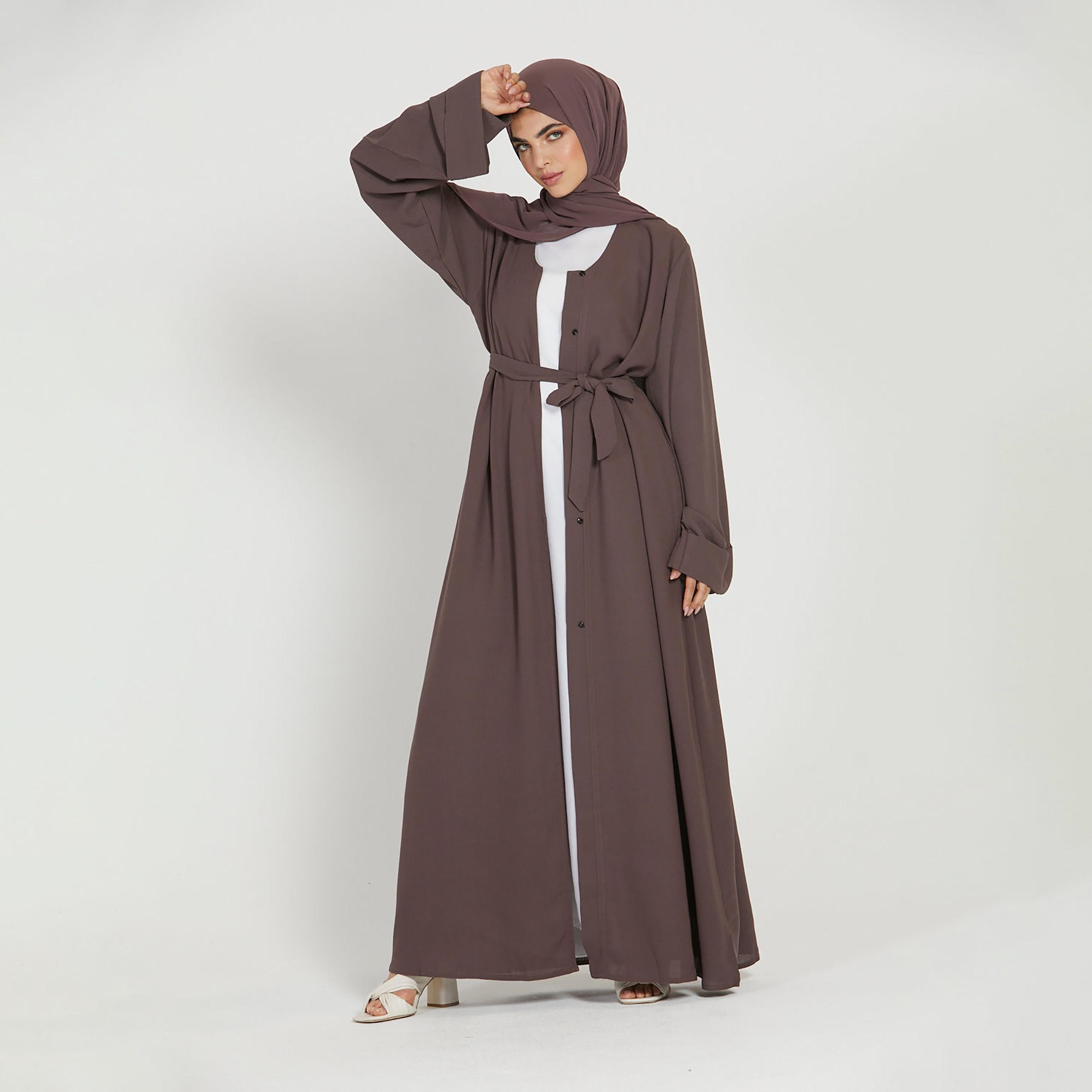 Nukhbaa Brown Nida Flared Sleeves Tie-Up Belted Abaya with Hijab-women-arabicclothing-abayas-image-1