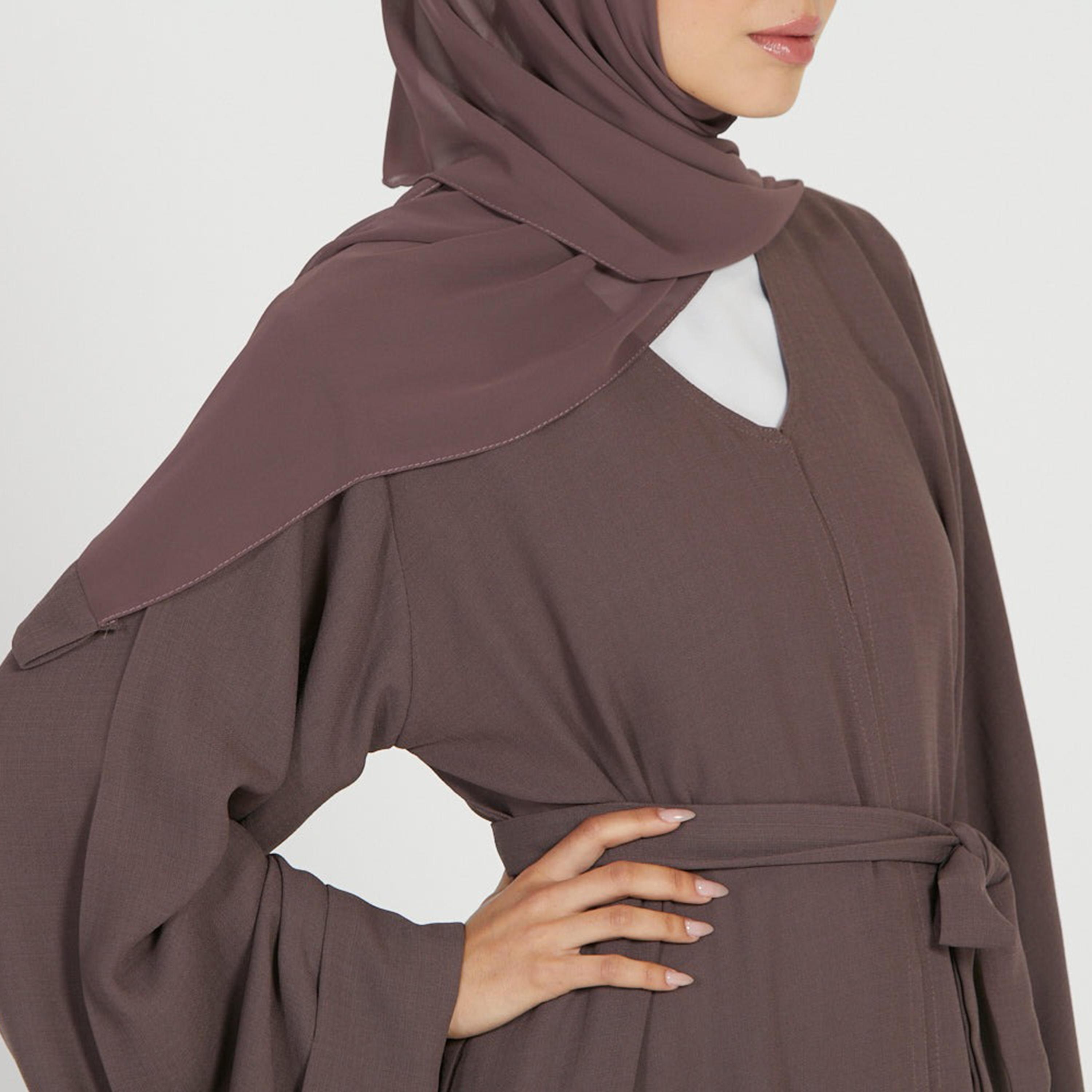 Nukhbaa Brown Nida Flared Sleeves Tie-Up Belted Abaya with Hijab-women-arabicclothing-abayas-image-2