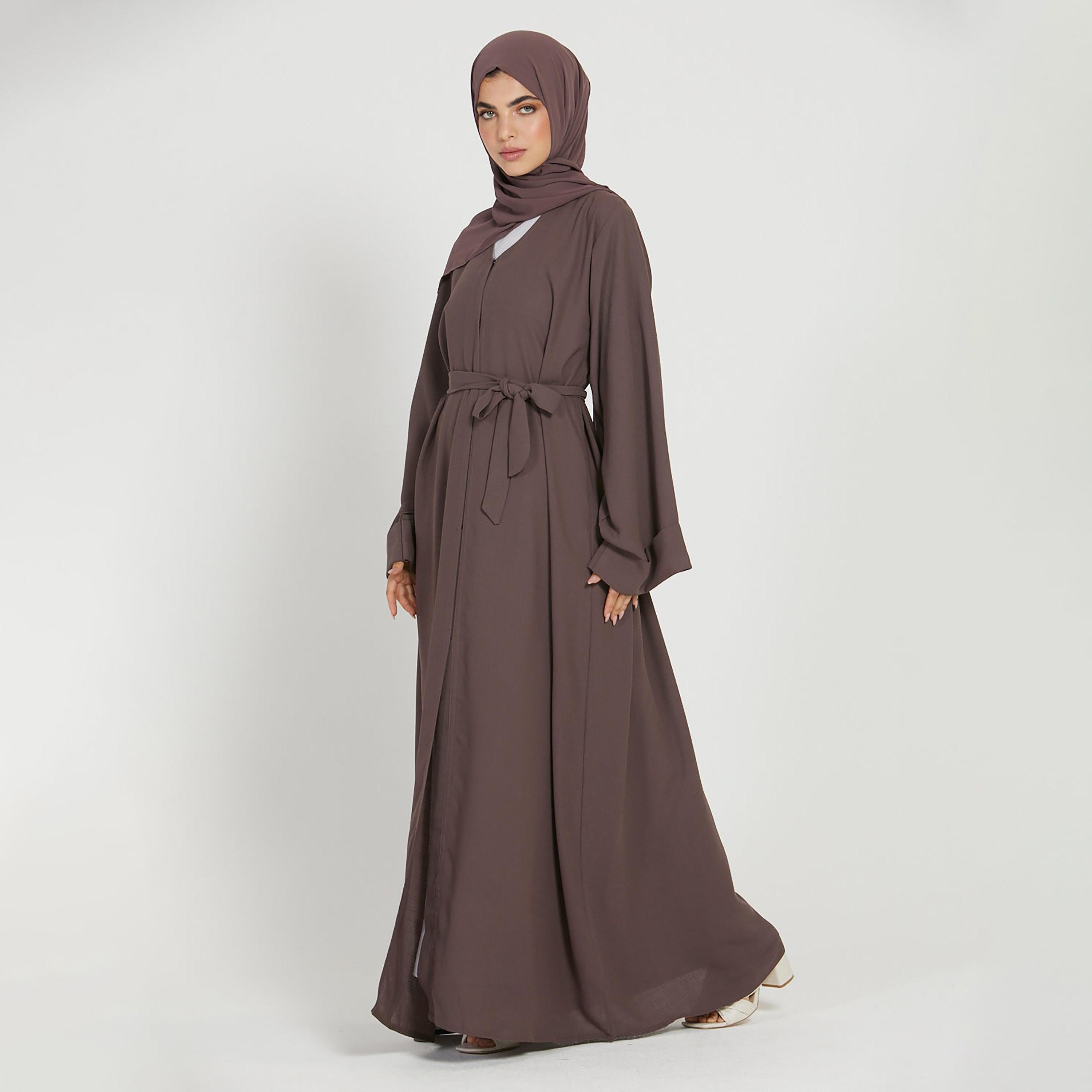 Nukhbaa Brown Nida Flared Sleeves Tie-Up Belted Abaya with Hijab-women-arabicclothing-abayas-image-3