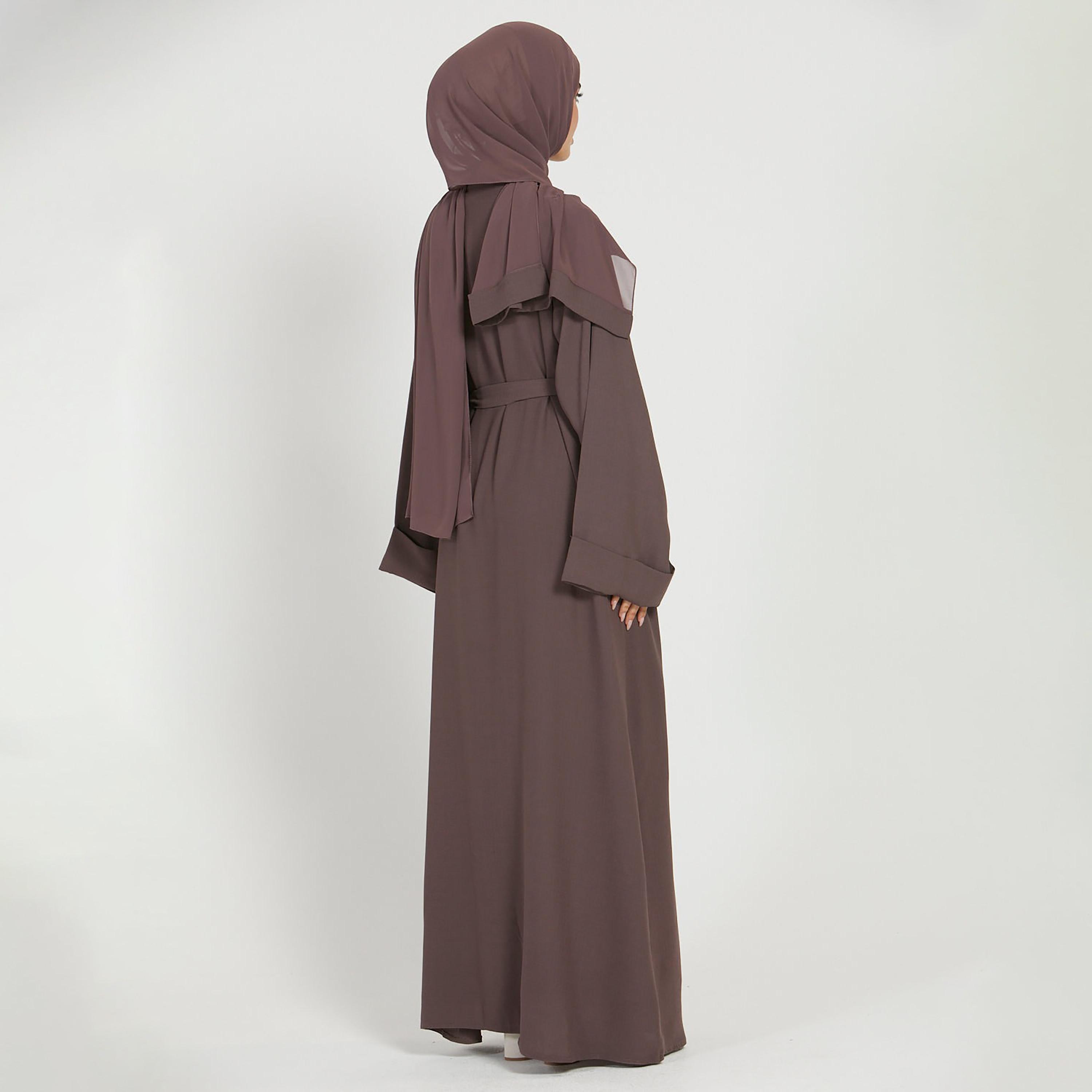 Nukhbaa Brown Nida Flared Sleeves Tie-Up Belted Abaya with Hijab-women-arabicclothing-abayas-image-4