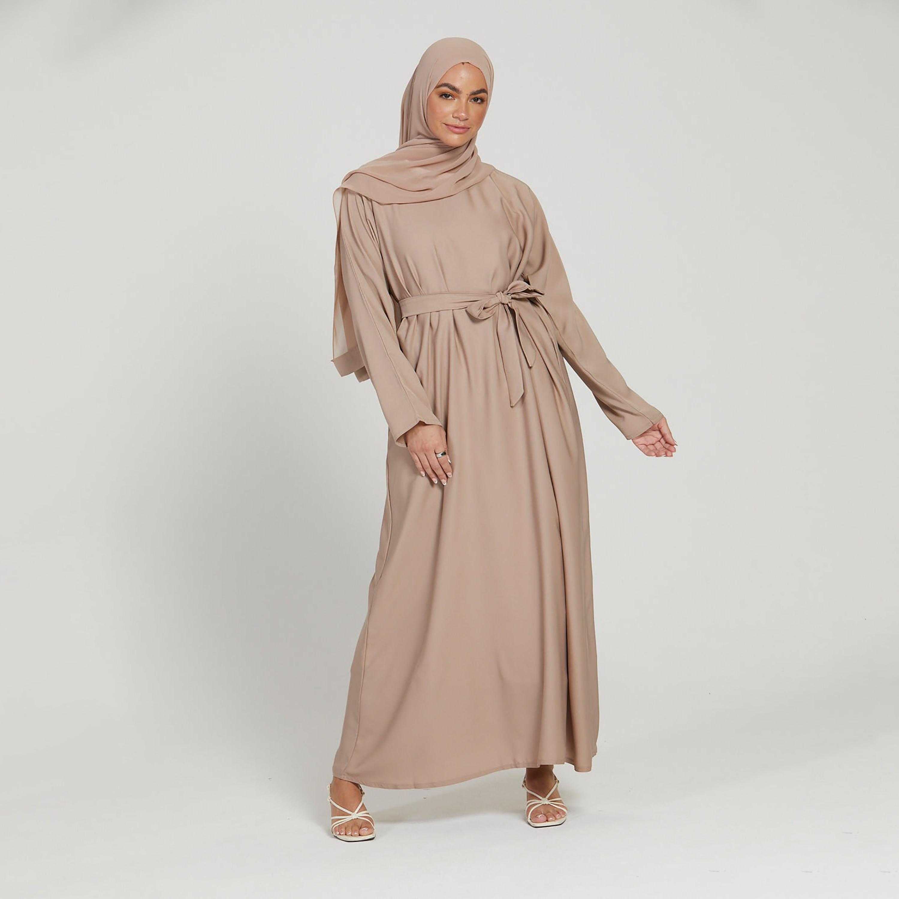 Nukhbaa Beige Nida Side Pockets Tie-Up Belted Abaya with Hijab-women-arabicclothing-abayas-image-1