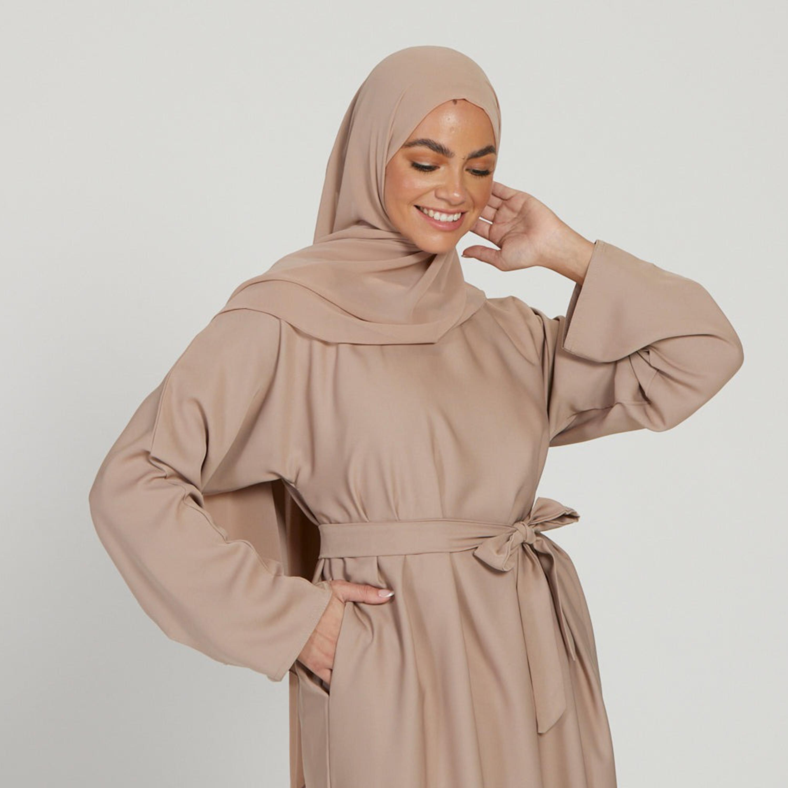 Nukhbaa Beige Nida Side Pockets Tie-Up Belted Abaya with Hijab-women-arabicclothing-abayas-image-2