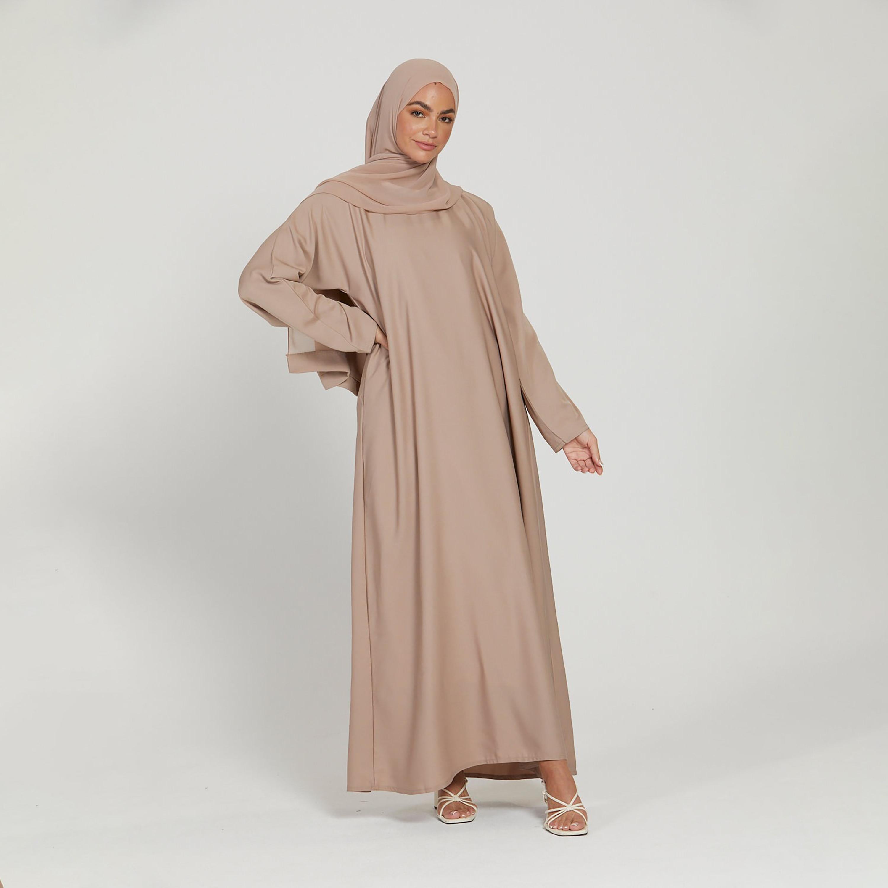 Nukhbaa Beige Nida Side Pockets Tie-Up Belted Abaya with Hijab-women-arabicclothing-abayas-image-3