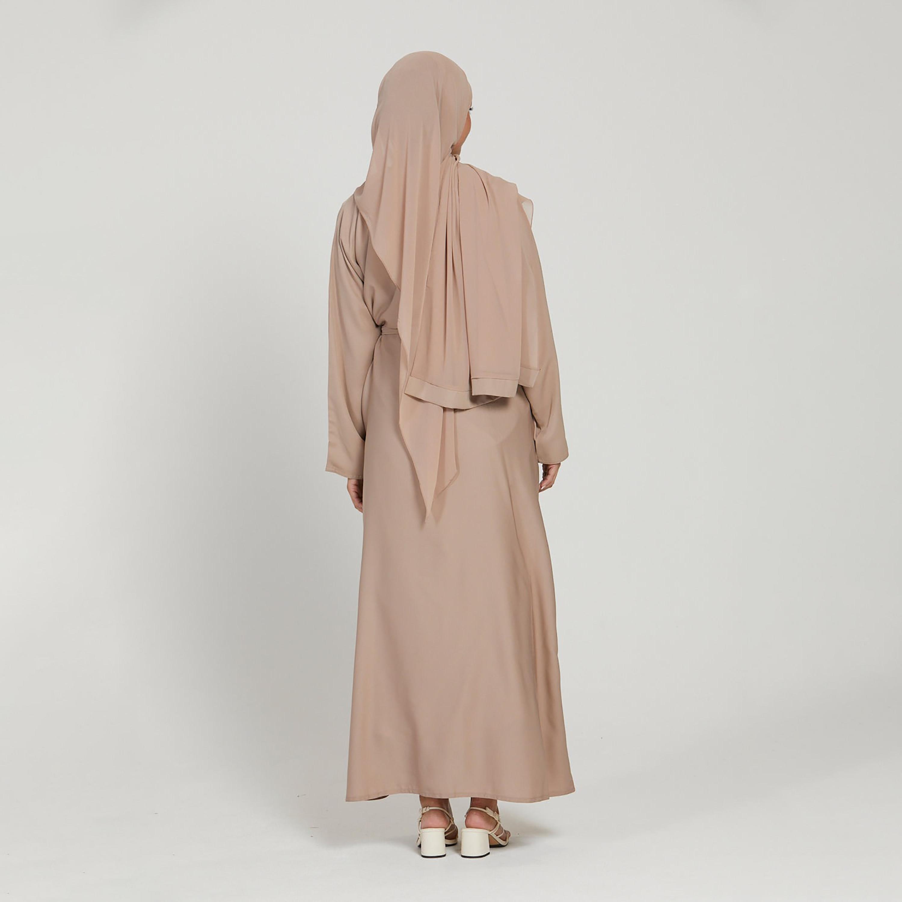 Nukhbaa Beige Nida Side Pockets Tie-Up Belted Abaya with Hijab-women-arabicclothing-abayas-image-4