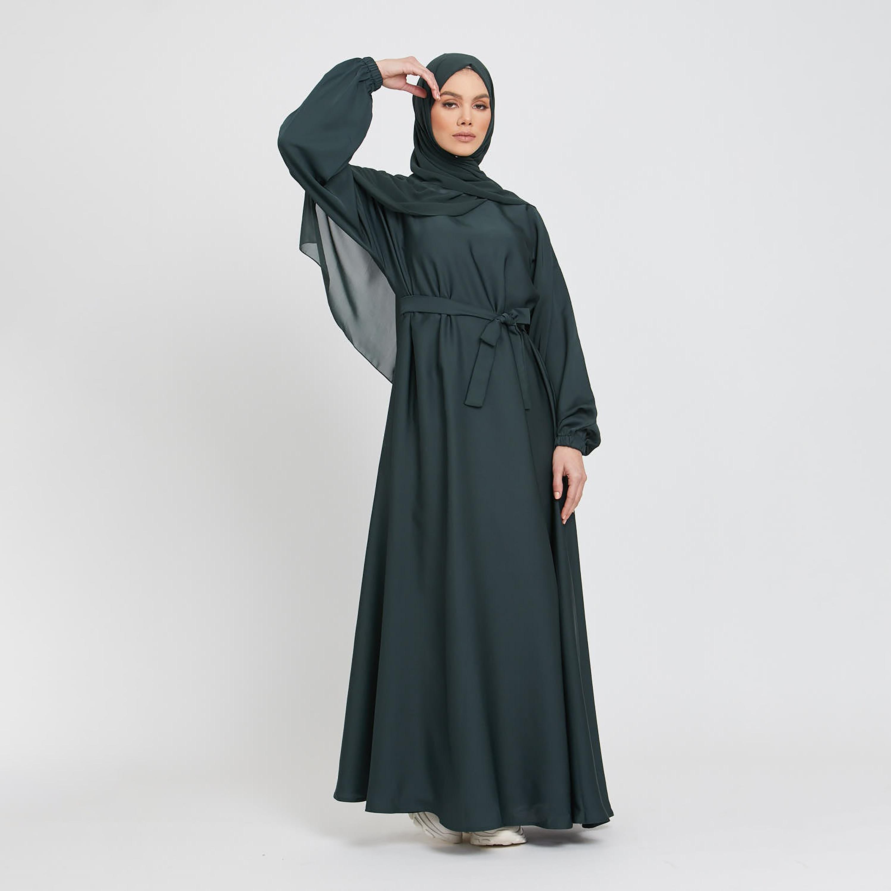 Nukhbaa Green Nida Tie-Up Belted Abaya with Hijab-women-arabicclothing-abayas-image-1