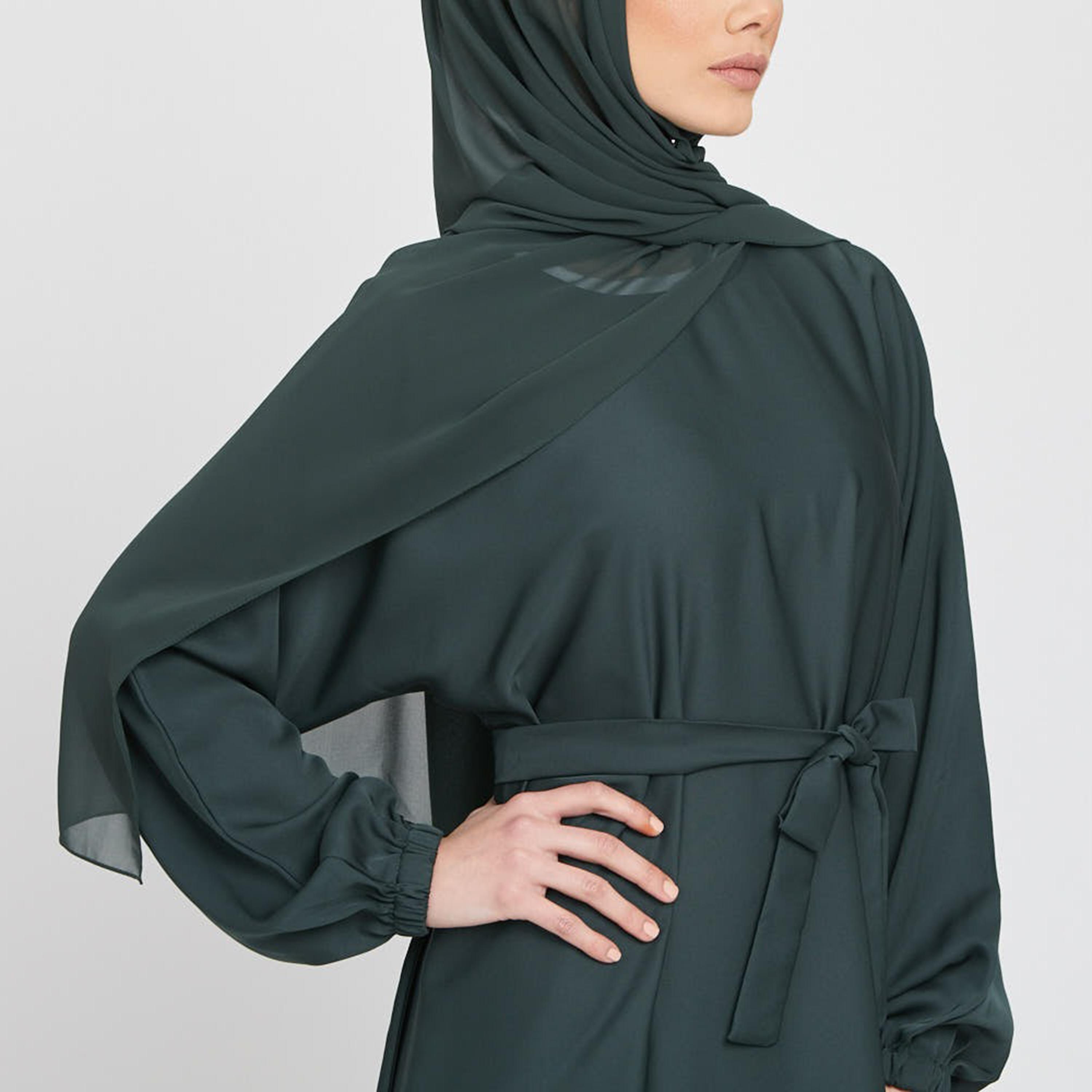 Nukhbaa Green Nida Tie-Up Belted Abaya with Hijab-women-arabicclothing-abayas-image-2