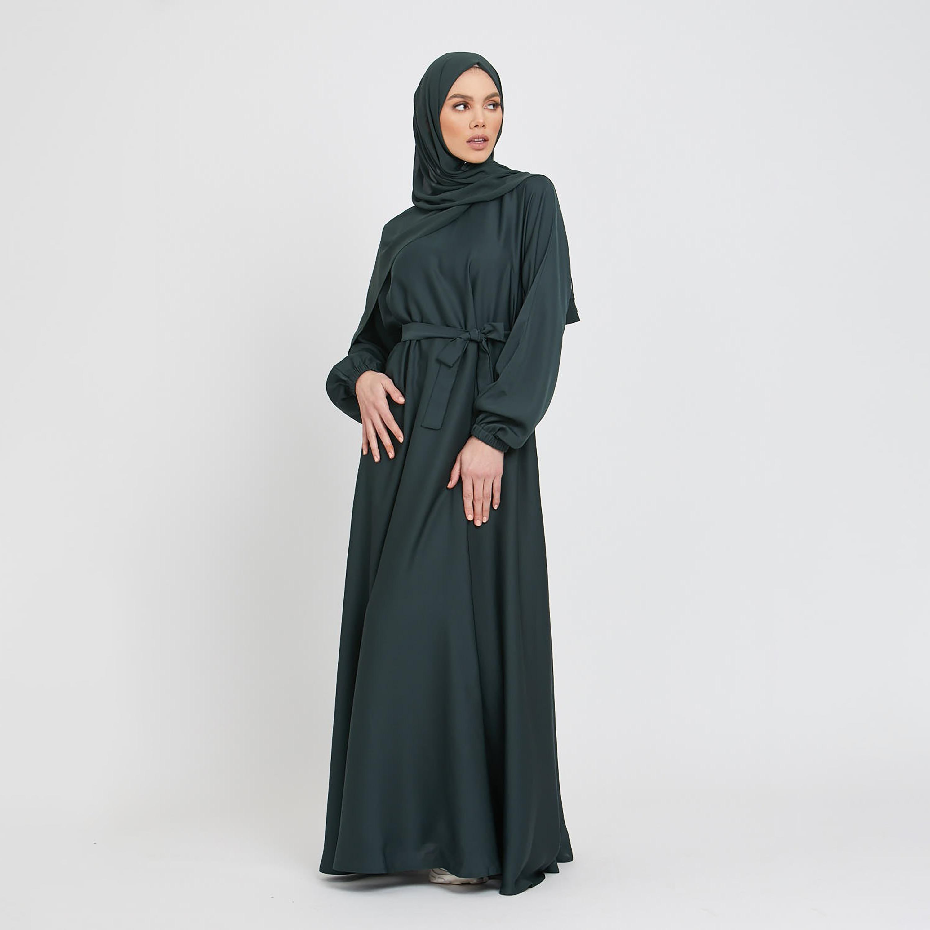 Nukhbaa Green Nida Tie-Up Belted Abaya with Hijab-women-arabicclothing-abayas-image-3