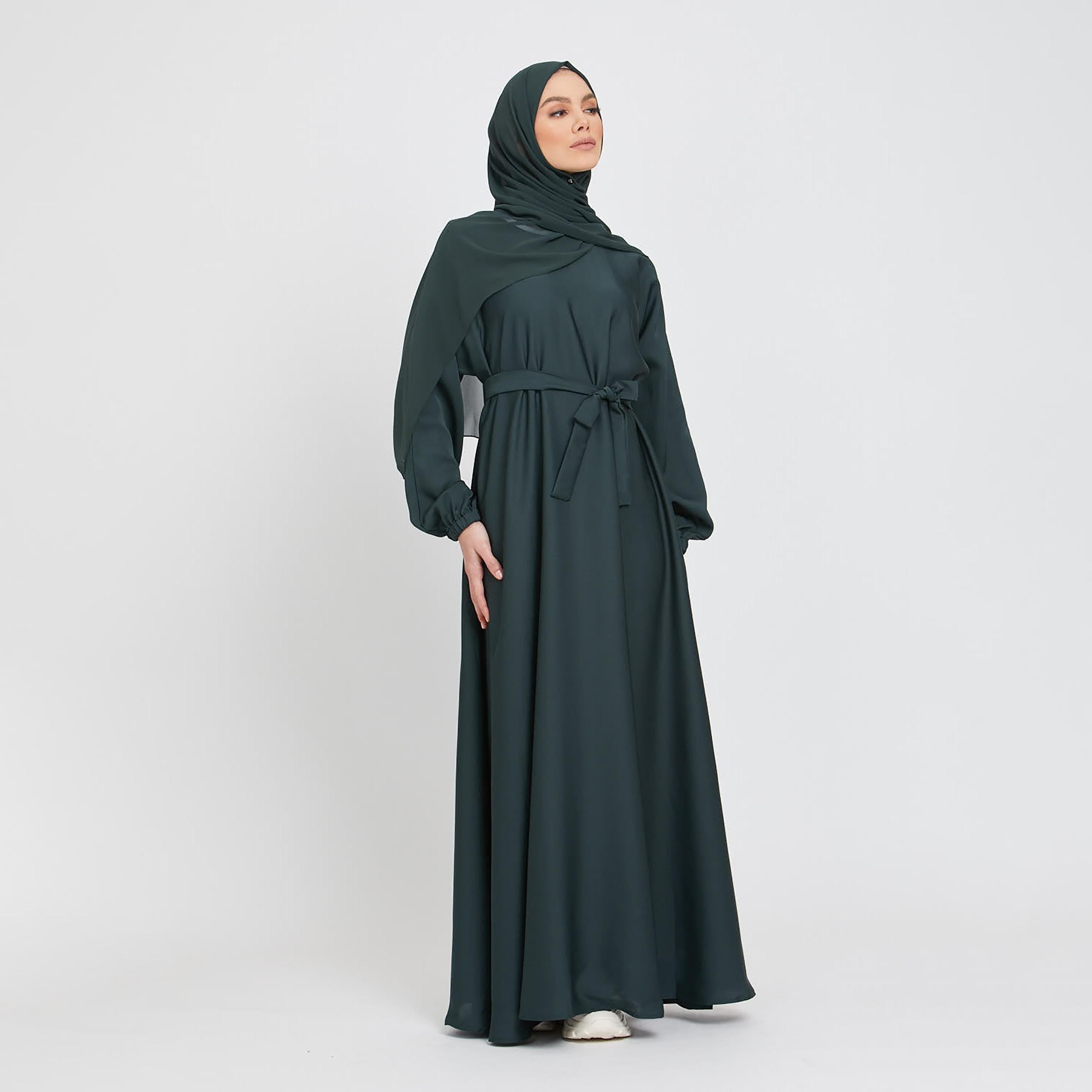 Nukhbaa Green Nida Tie-Up Belted Abaya with Hijab-women-arabicclothing-abayas-image-4