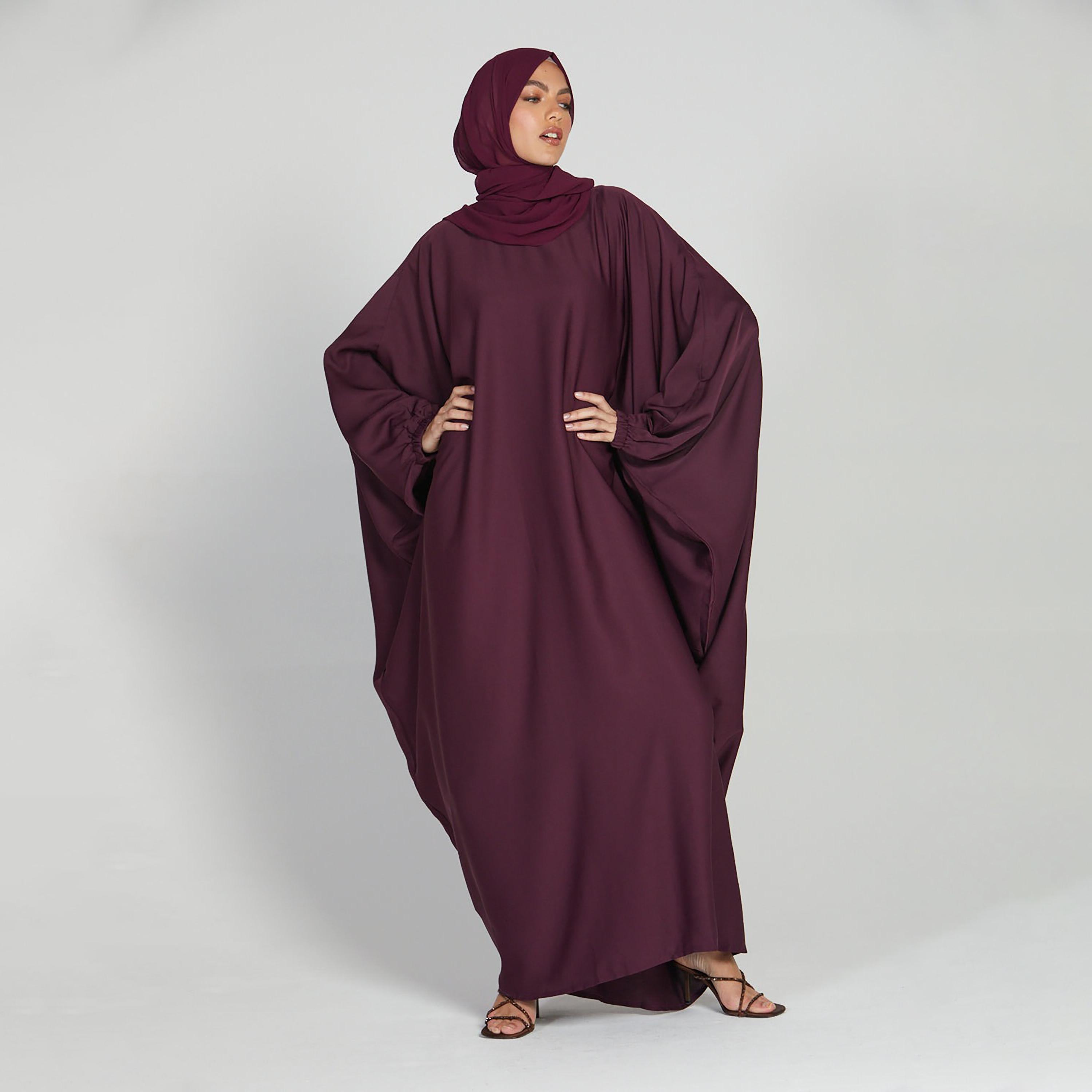 Nukhbaa Maroon Nida Elasticated Cuff Sleeve Butterfly Abaya with Hijab-women-arabicclothing-prayerclothing-image-1