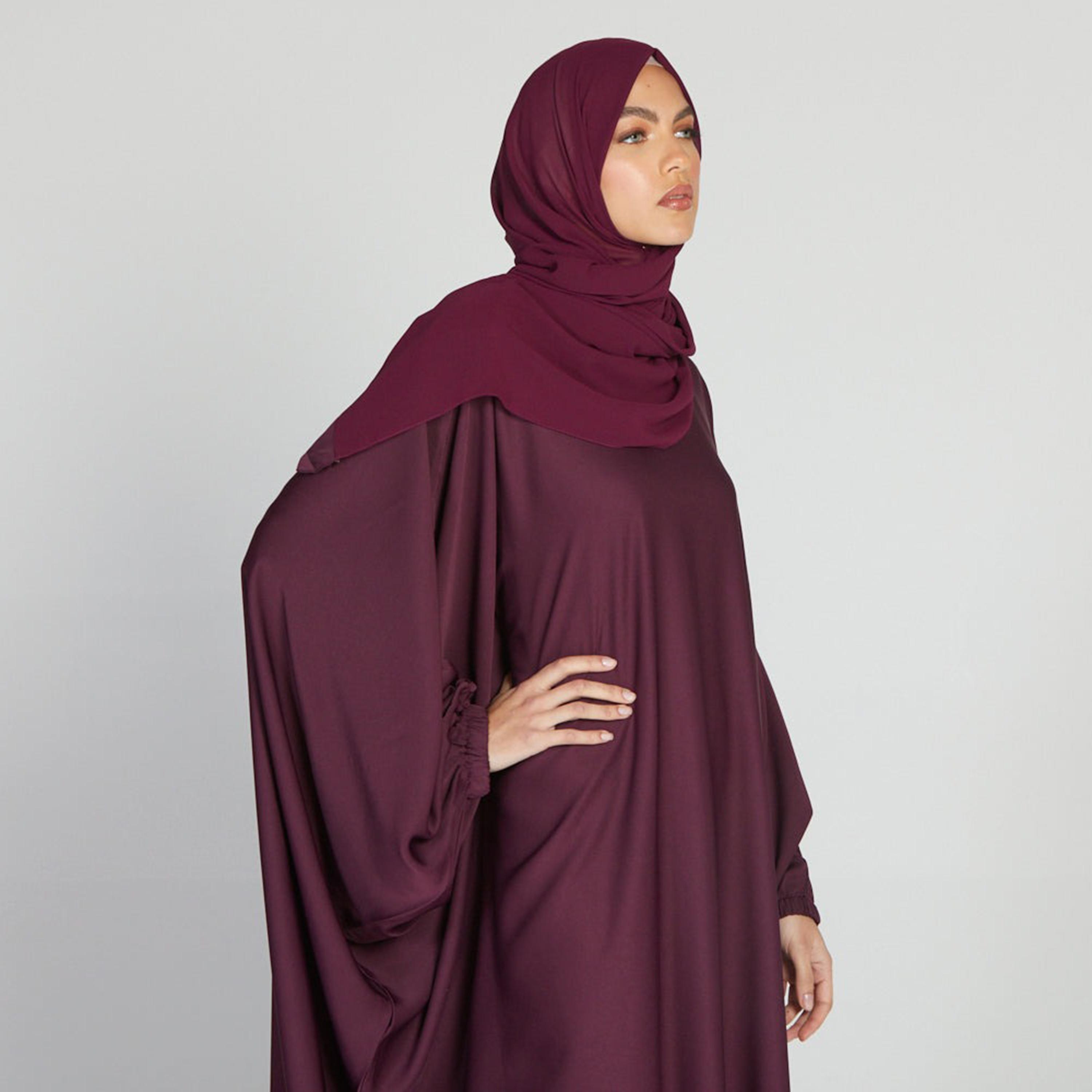Nukhbaa Maroon Nida Elasticated Cuff Sleeve Butterfly Abaya with Hijab-women-arabicclothing-prayerclothing-image-2