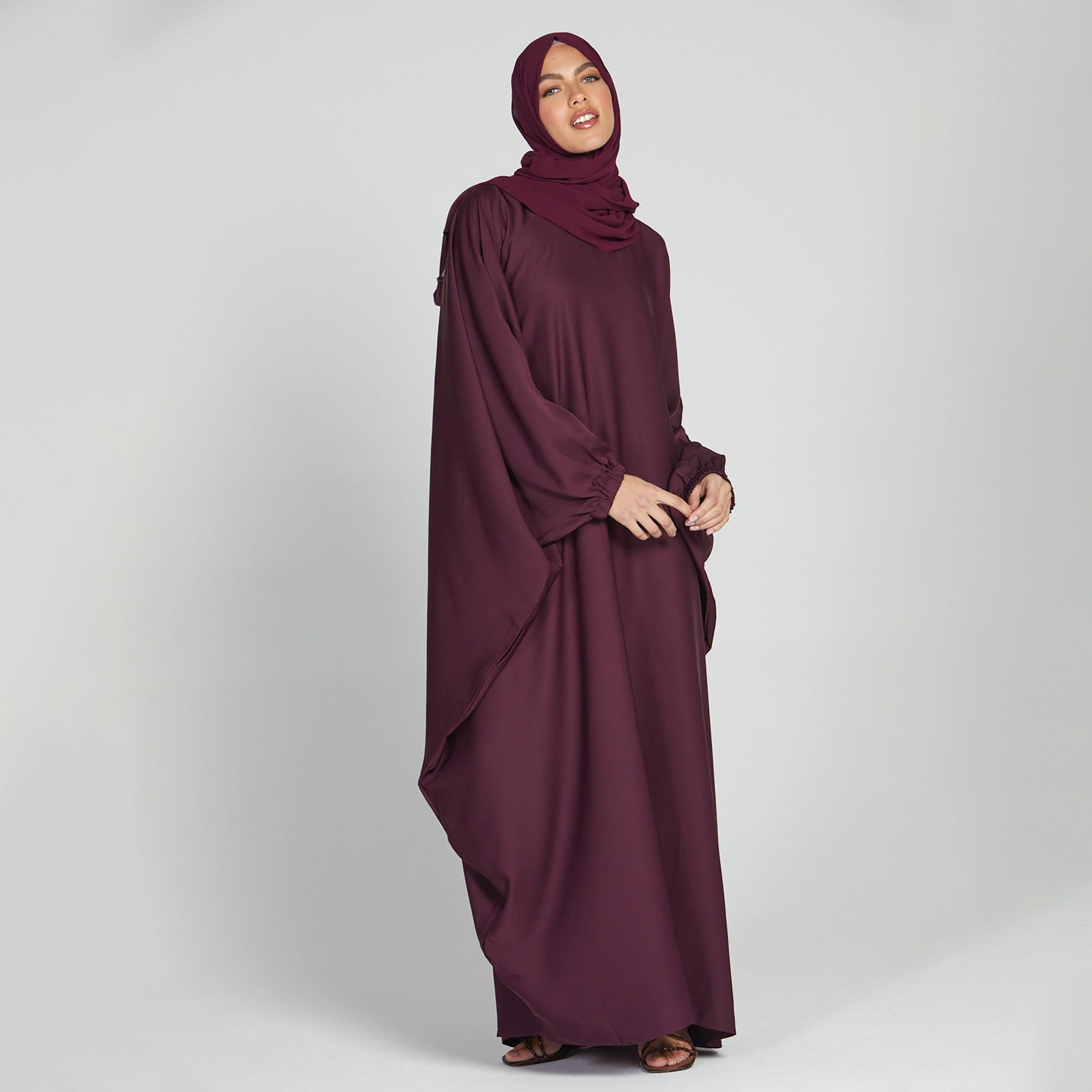 Nukhbaa Maroon Nida Elasticated Cuff Sleeve Butterfly Abaya with Hijab-women-arabicclothing-prayerclothing-image-3