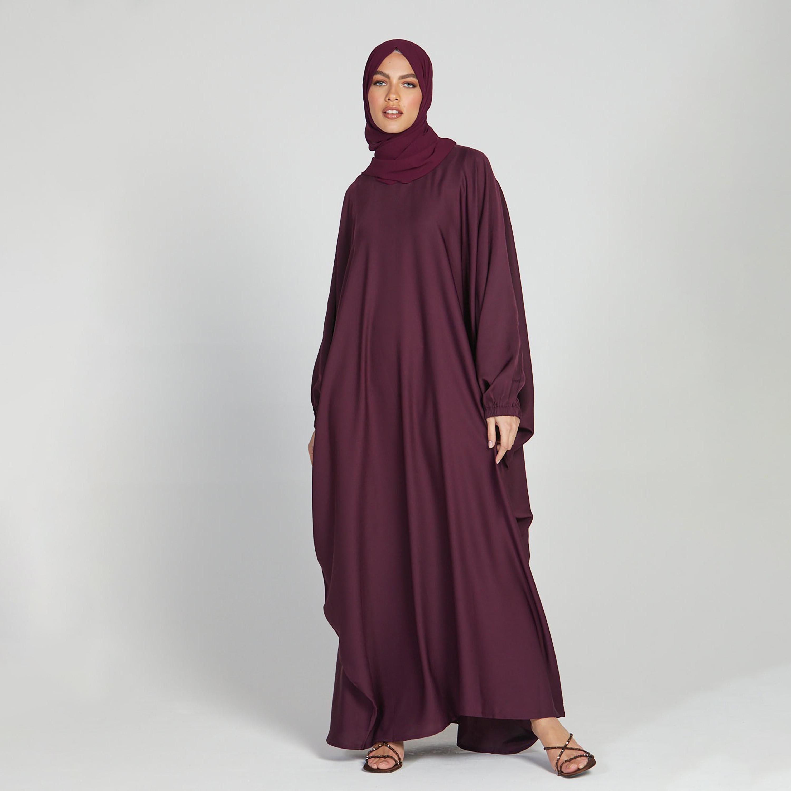 Nukhbaa Maroon Nida Elasticated Cuff Sleeve Butterfly Abaya with Hijab-women-arabicclothing-prayerclothing-image-4