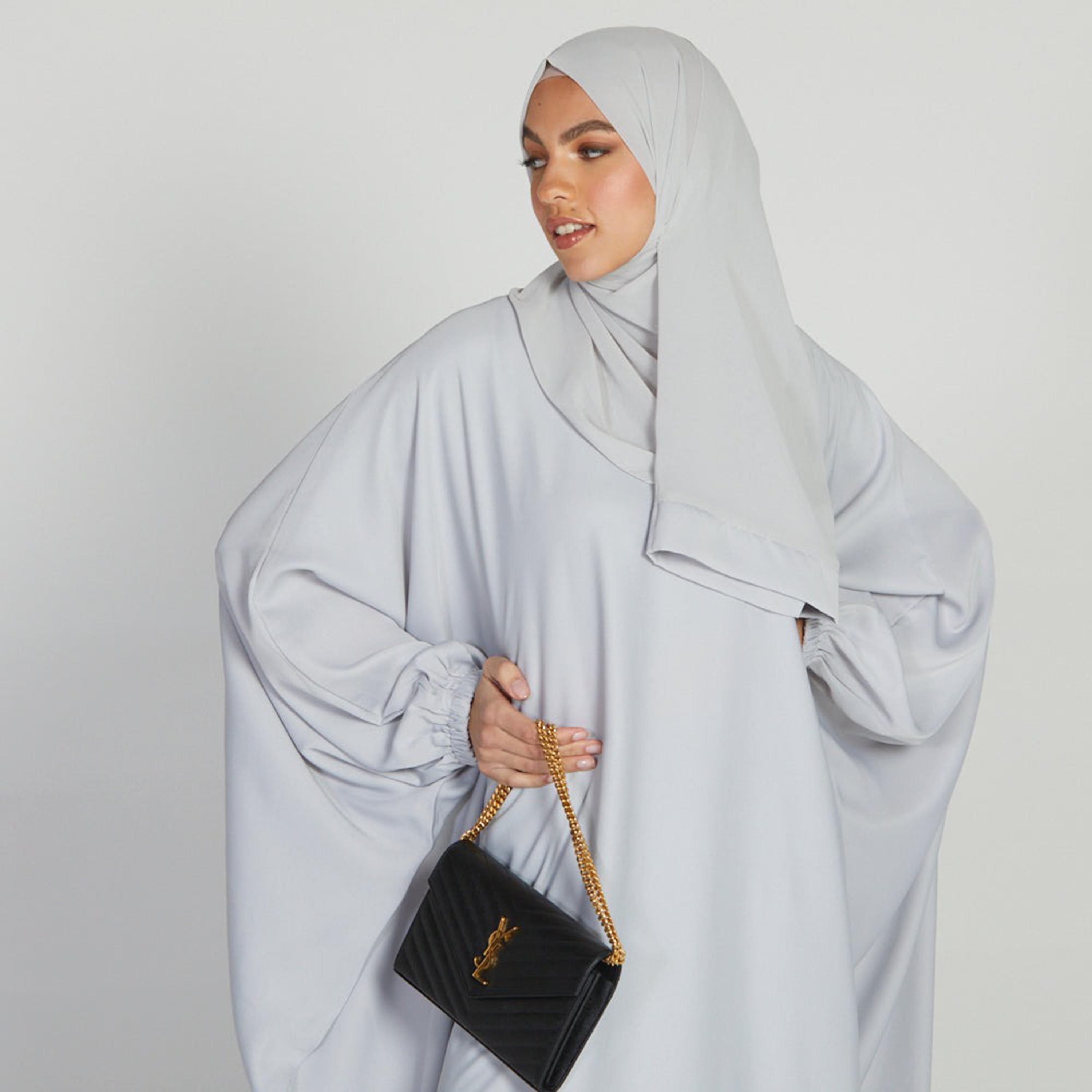 Nukhbaa Grey Nida Elasticated Cuff Sleeve Butterfly Abaya with Hijab-women-arabicclothing-abayas-image-2