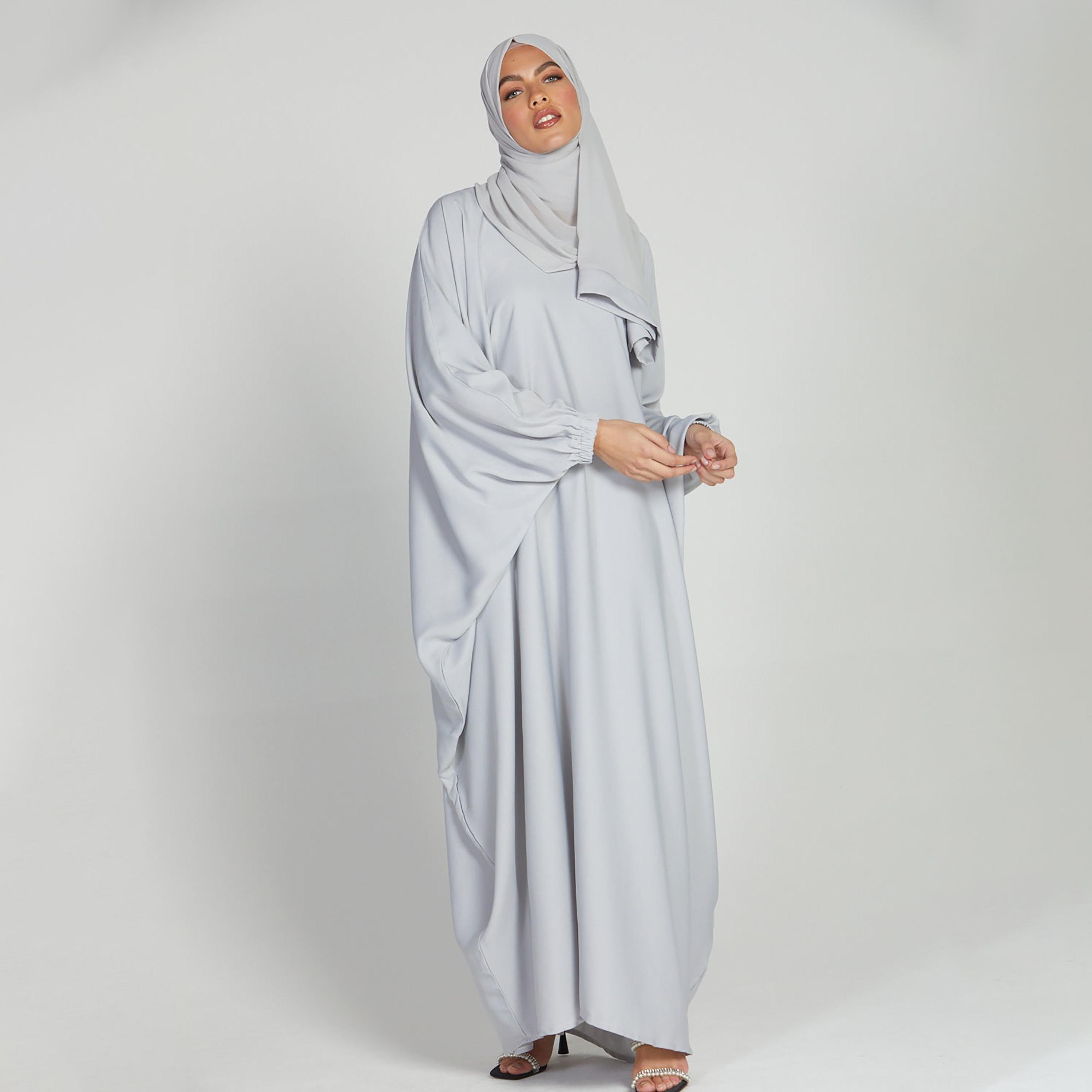 Nukhbaa Grey Nida Elasticated Cuff Sleeve Butterfly Abaya with Hijab-women-arabicclothing-abayas-image-4