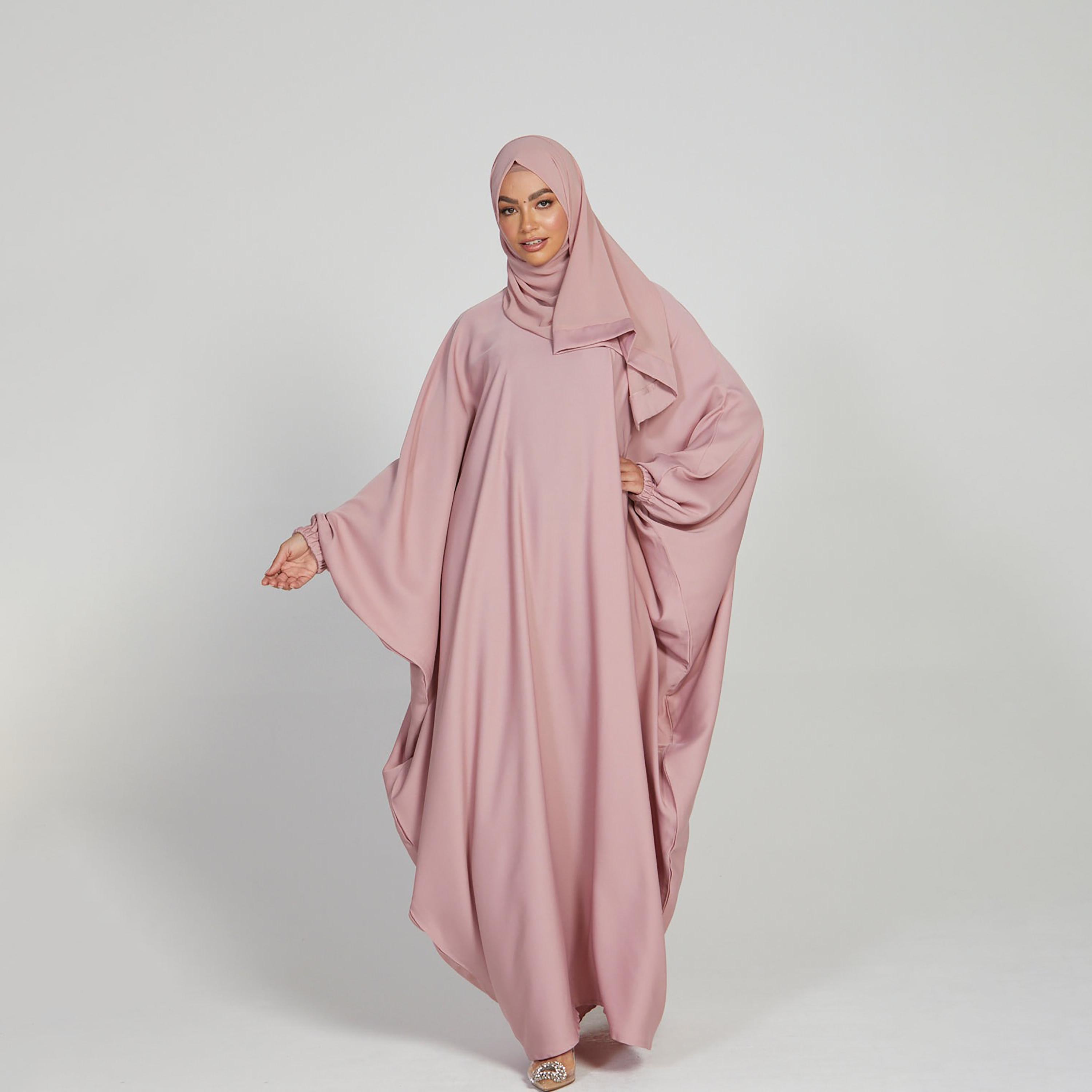 Nukhbaa Pink Nida Elasticated Cuff Sleeve Butterfly Abaya with Hijab-women-arabicclothing-abayas-image-1