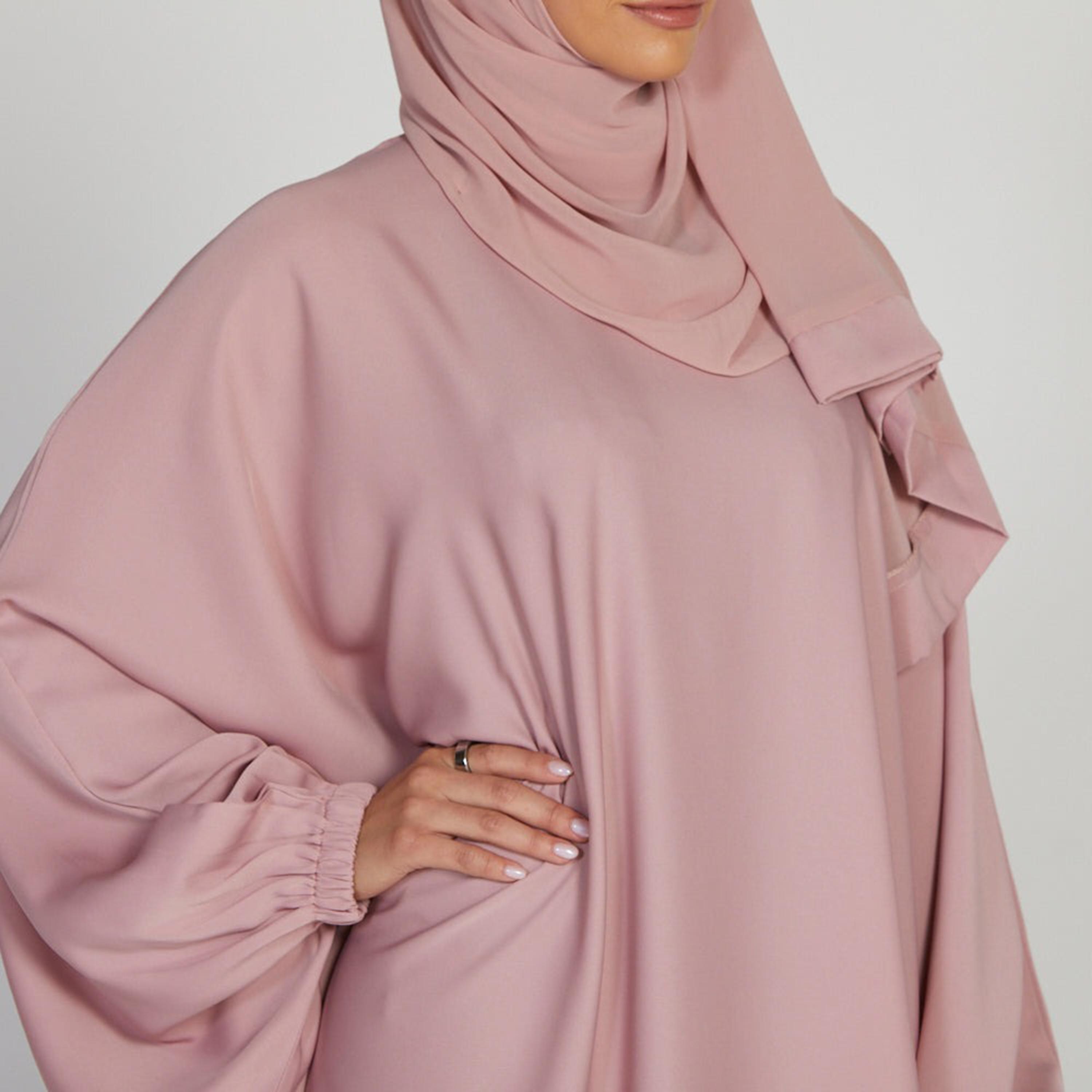 Nukhbaa Pink Nida Elasticated Cuff Sleeve Butterfly Abaya with Hijab-women-arabicclothing-abayas-image-2