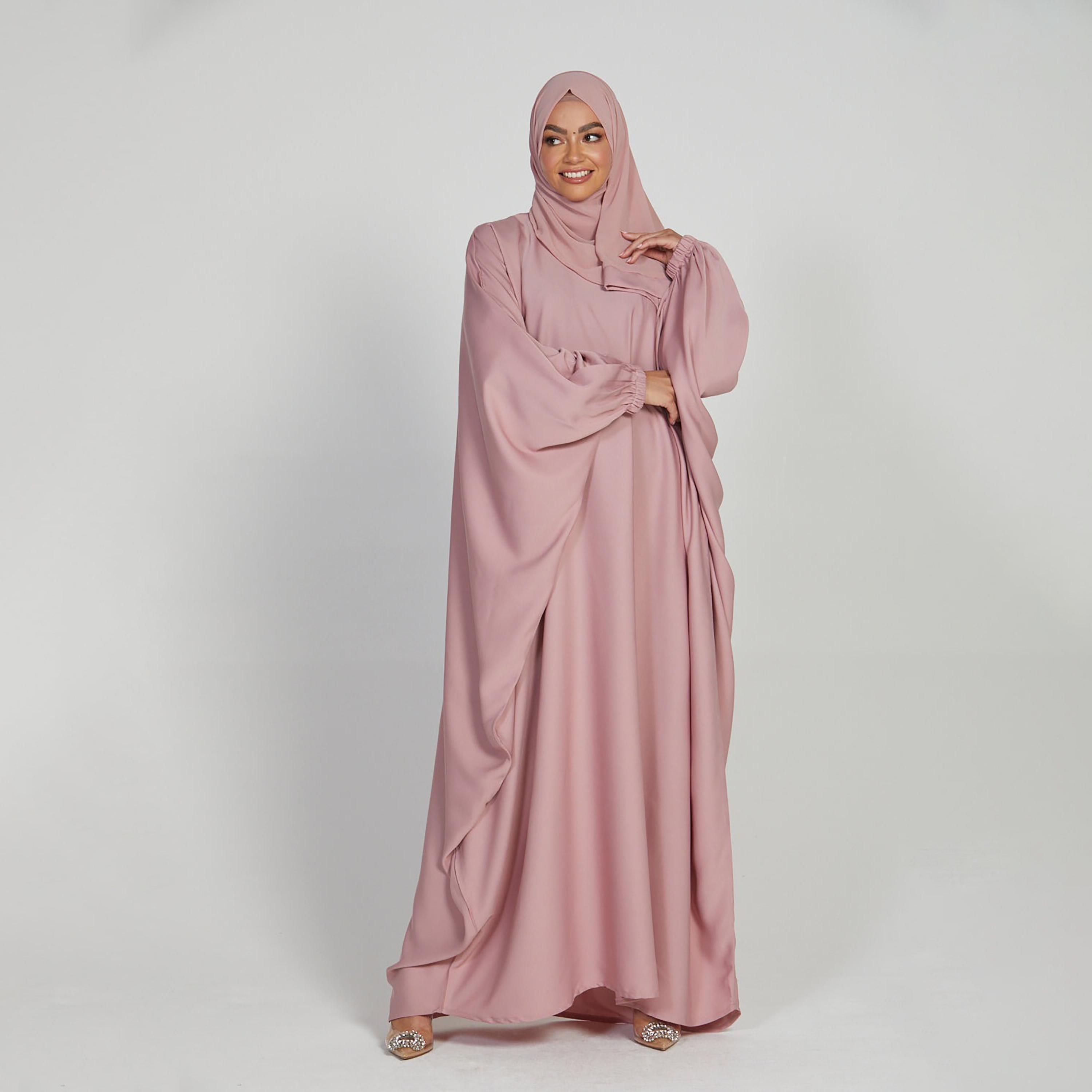 Nukhbaa Pink Nida Elasticated Cuff Sleeve Butterfly Abaya with Hijab-women-arabicclothing-abayas-image-3
