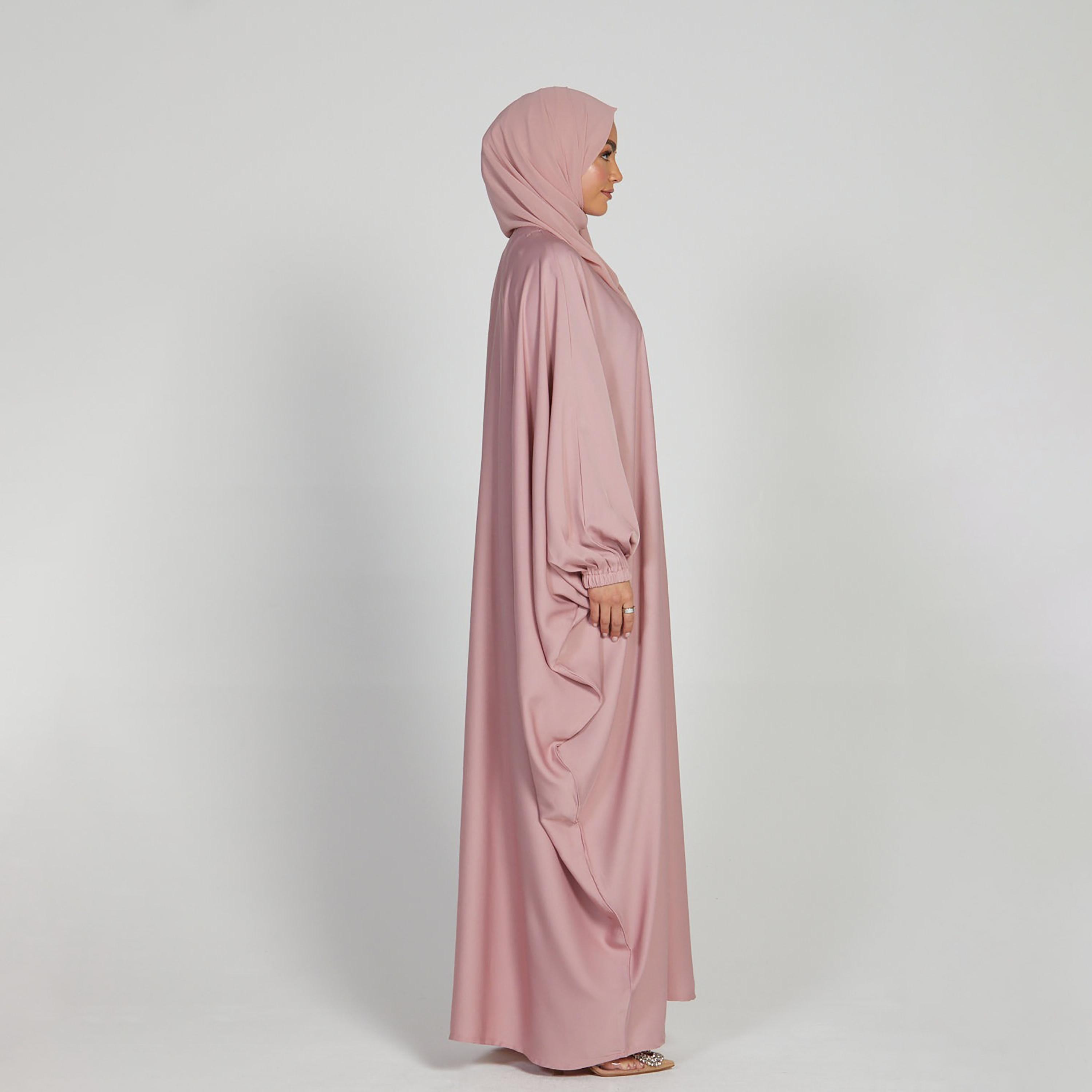 Nukhbaa Pink Nida Elasticated Cuff Sleeve Butterfly Abaya with Hijab-women-arabicclothing-abayas-image-4