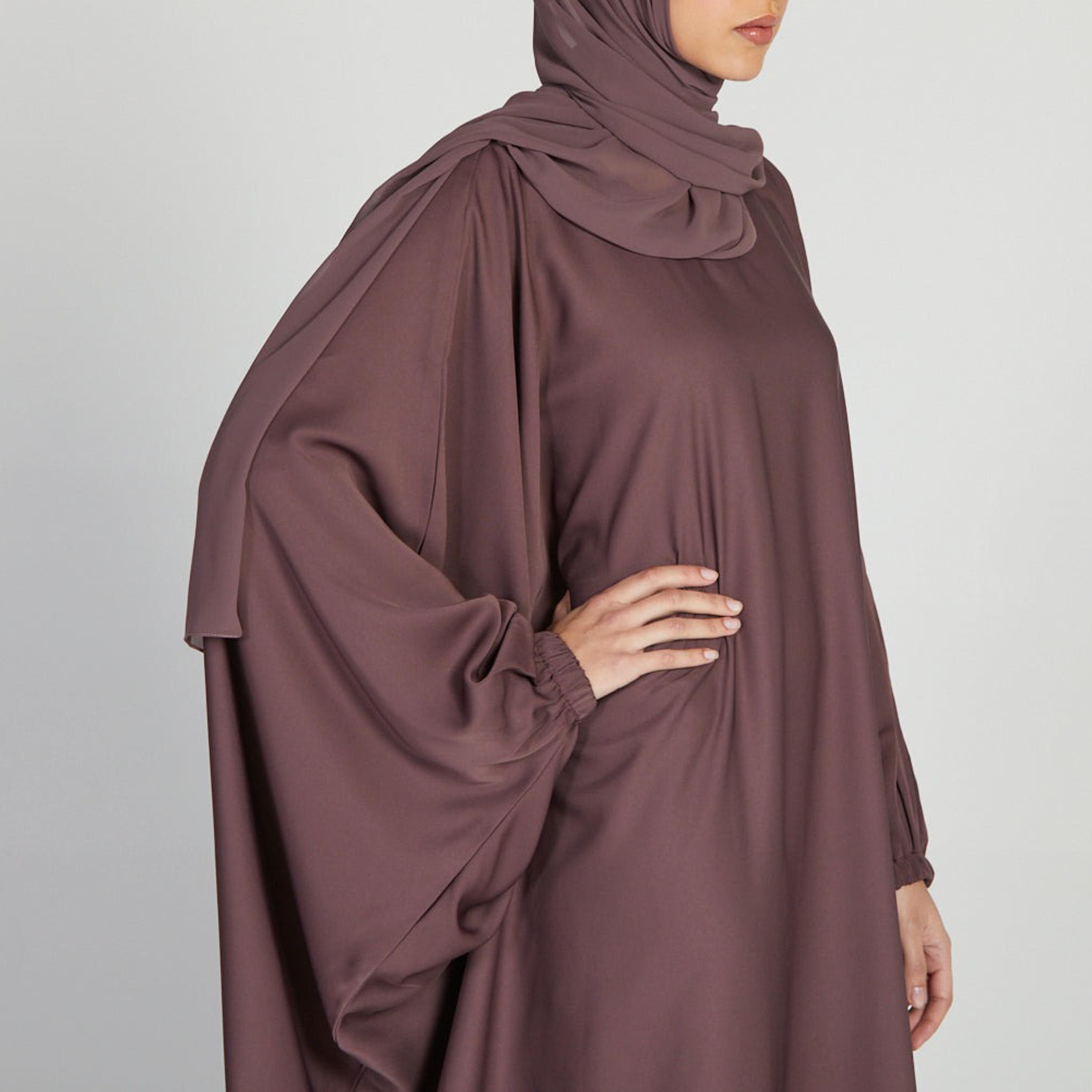 Nukhbaa Brown Nida Elasticated Cuff Sleeve Butterfly Abaya with Hijab-women-arabicclothing-abayas-image-2