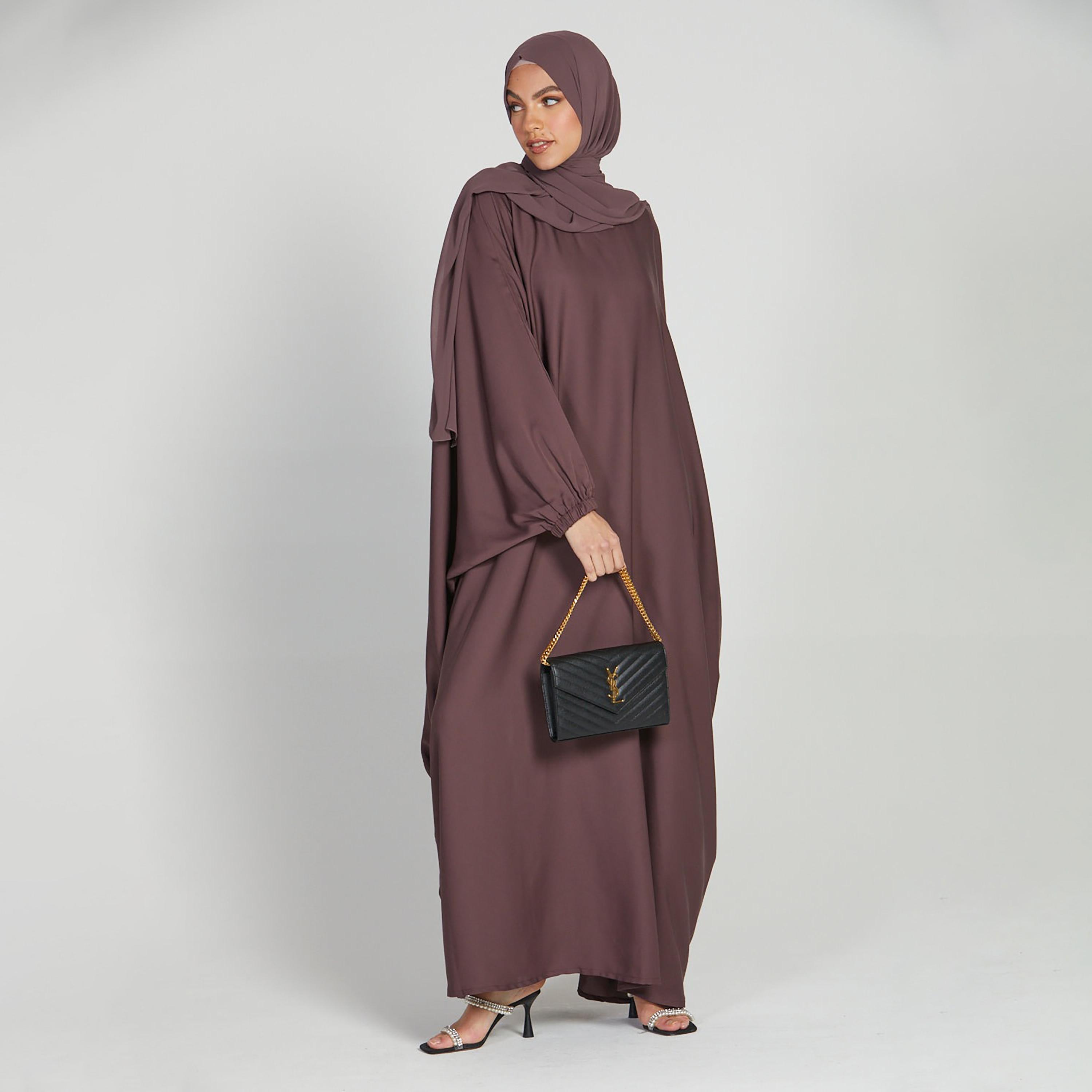 Nukhbaa Brown Nida Elasticated Cuff Sleeve Butterfly Abaya with Hijab-women-arabicclothing-abayas-image-3